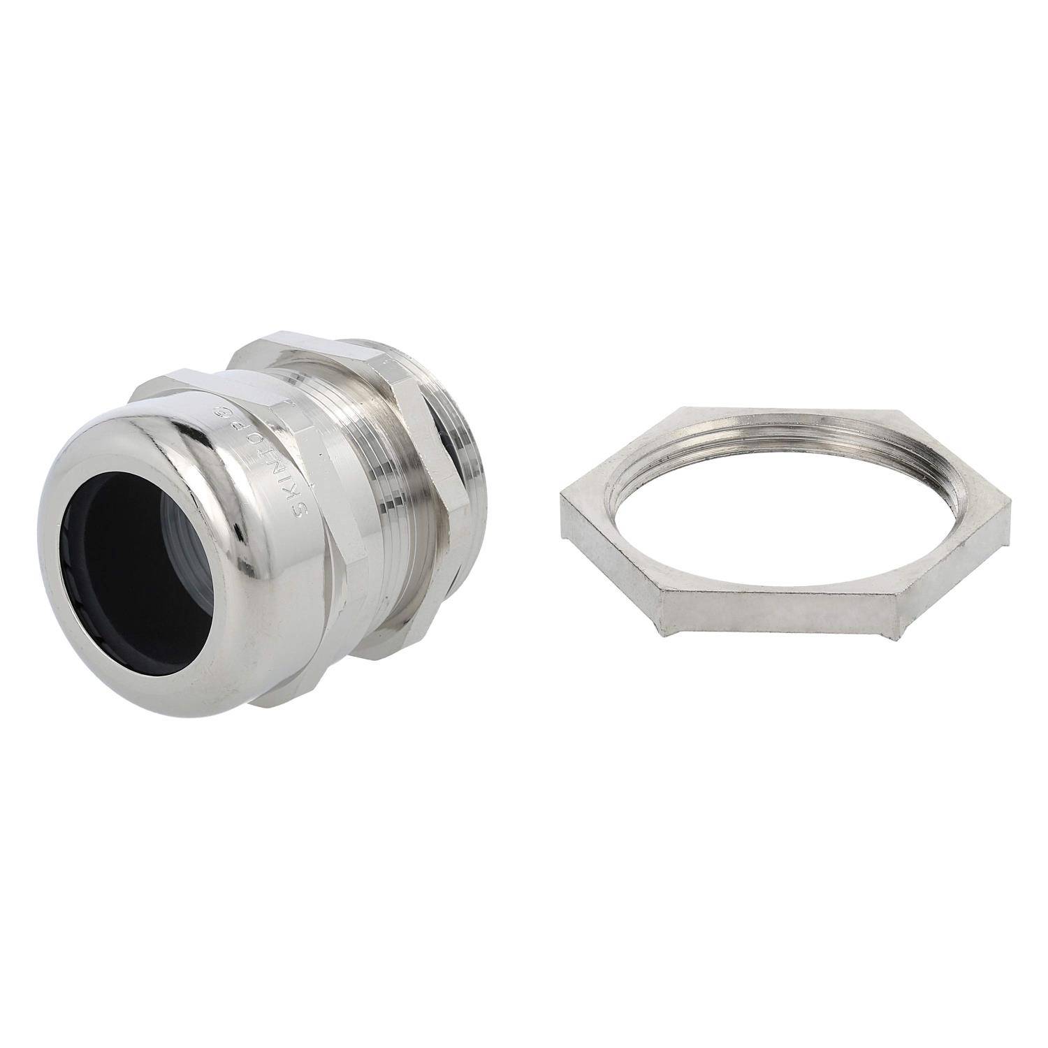 Eine Kabelverschraubung aus Metall und ihre passende Sechskantmutter liegen nebeneinander, beide glänzend und silbern, und werden zum Befestigen von Kabeln in elektrischen Systemen verwendet.