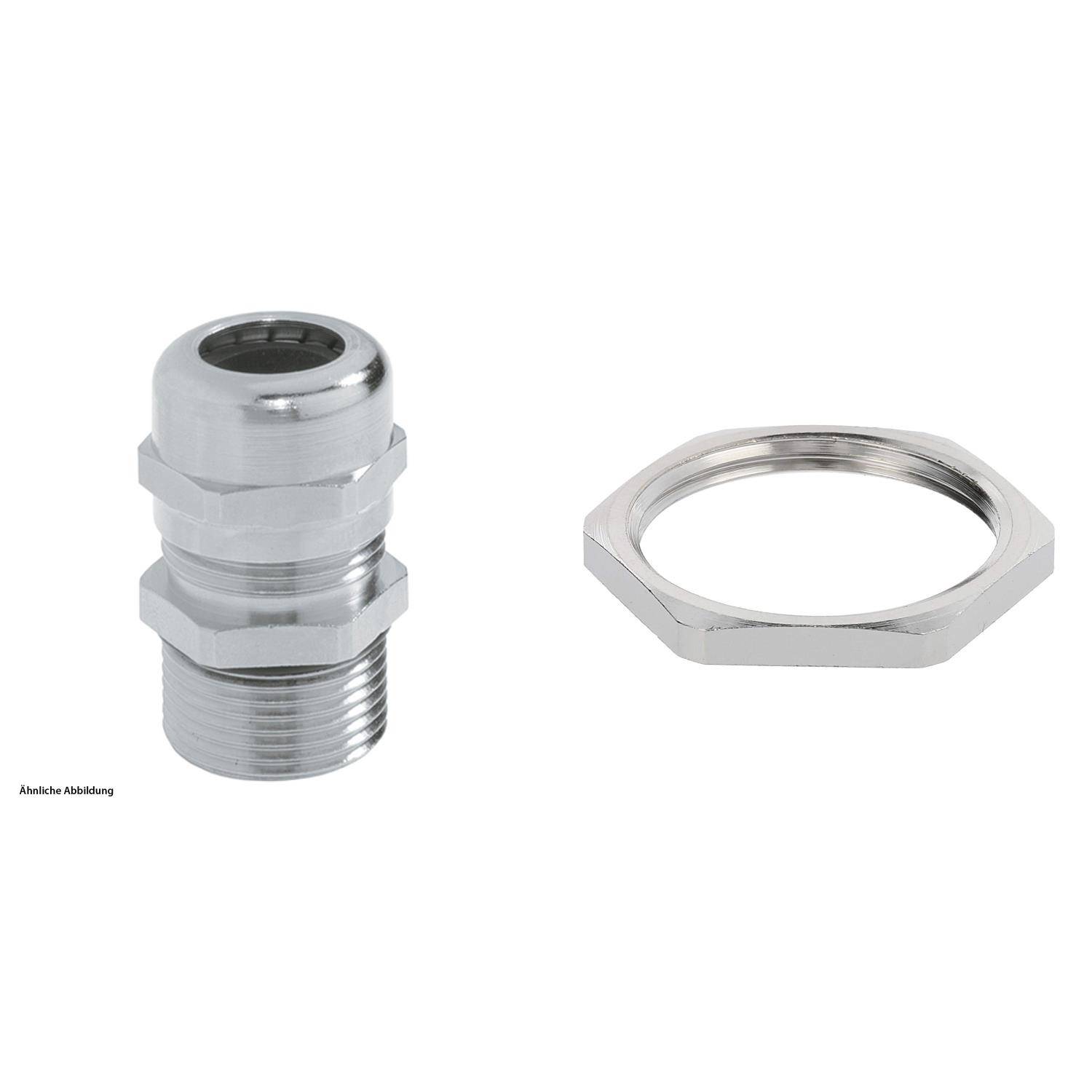 Eine Metall-Kabelverschraubung mit Sechskantmutter auf weißem Hintergrund.