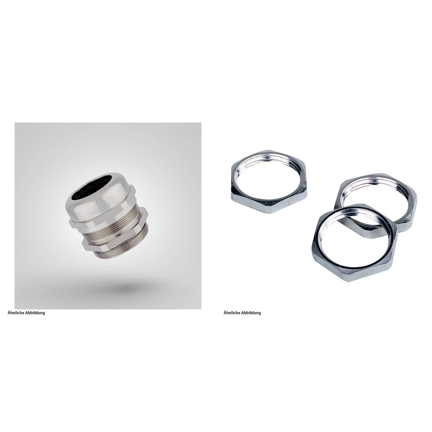 Zwei Bilder: Links ist eine silberne Rohrverschraubung mit Gewinde zu sehen. Rechts sind drei silberne sechseckige Muttern auf einer weißen Oberfläche angeordnet.