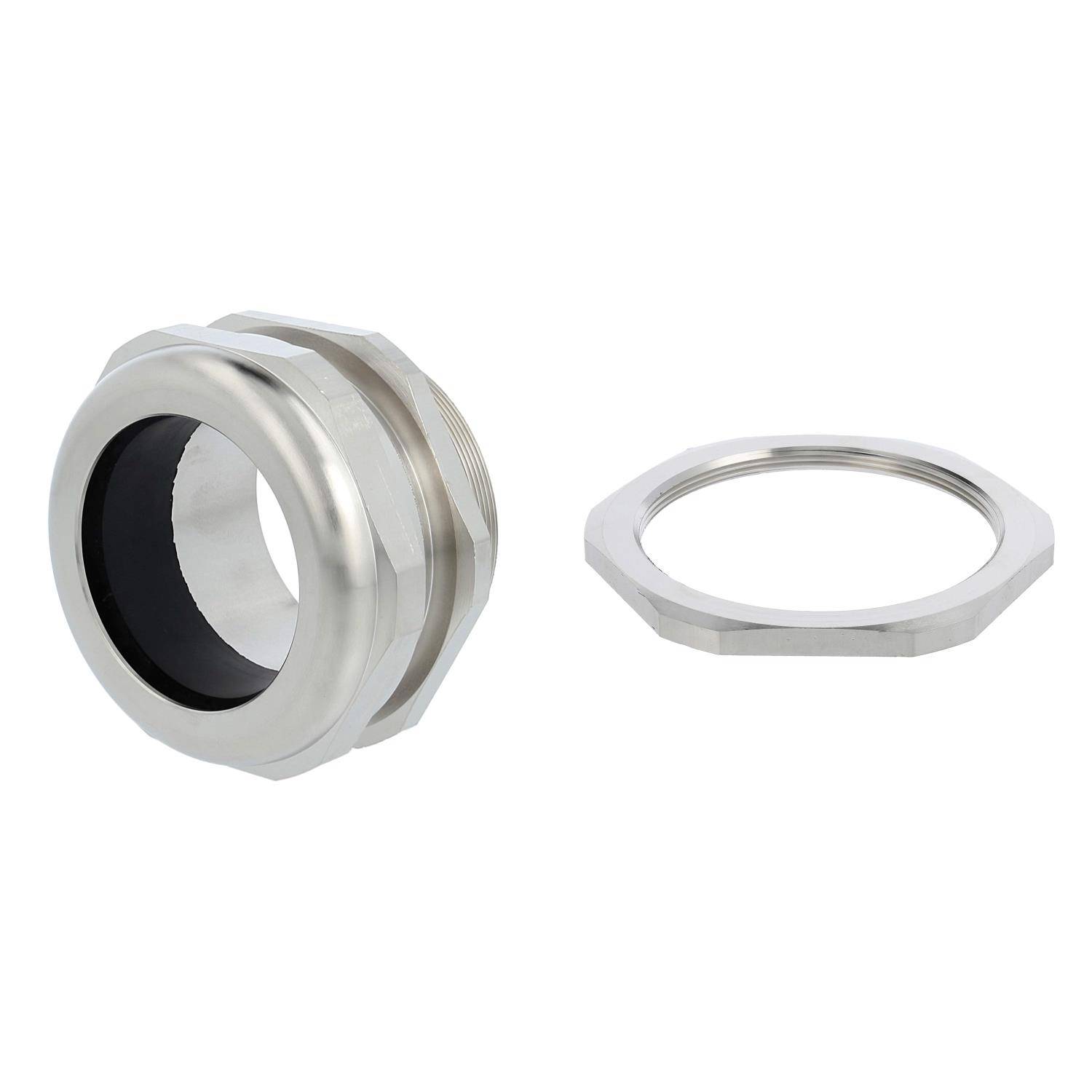 Edelstahl-Kabelverschraubung mit passender Gegenmutter, die ein robustes Design zum Sichern von Kabeln aufweist.