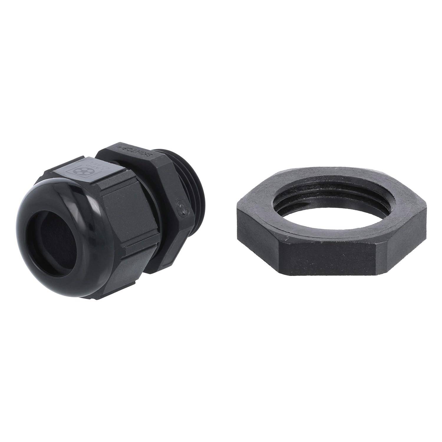 Schwarze Kunststoff-Kabelverschraubung mit einem Gewindeverbinder, Gegenmutter separat dargestellt, verwendet zum Sichern und Schützen von Kabeleinführungspunkten.