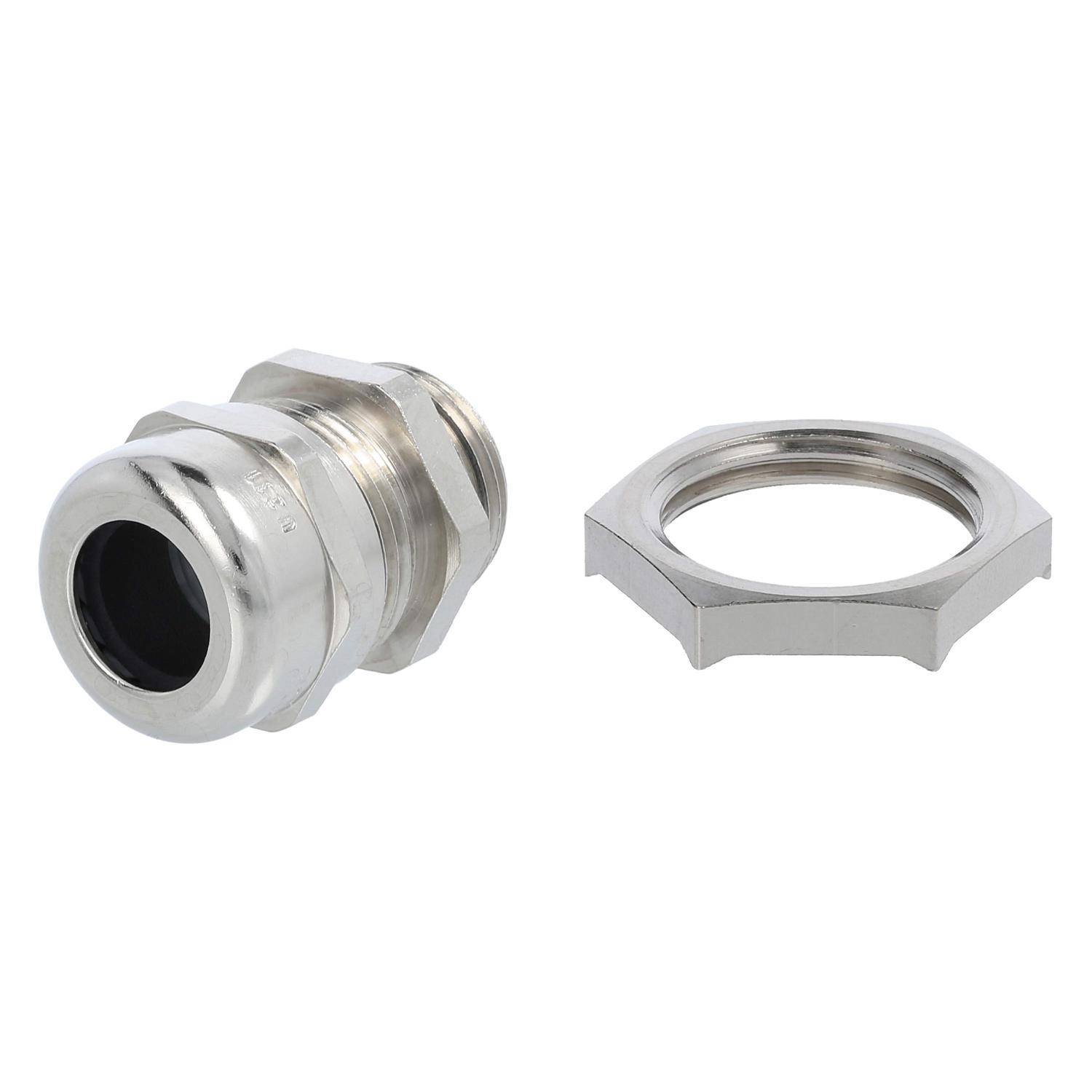 Metall-Kabelverschraubung mit zugehöriger Gegenmutter, entwickelt zum Sichern von Kabeln und Gewährleisten einer dichten Abdichtung in elektrischen Installationen.
