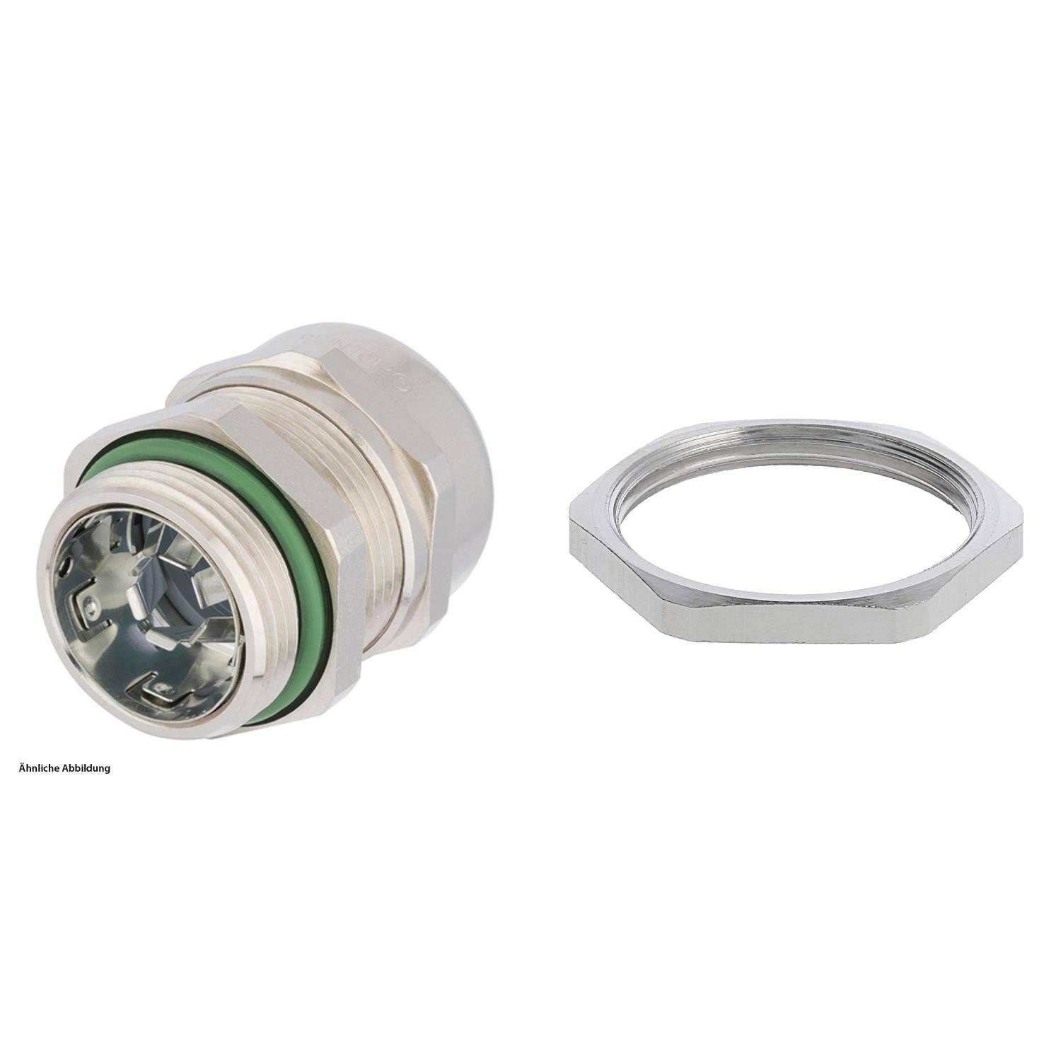 Eine Kabelverschraubung aus Metall mit einem grünen Dichtungsring wird neben ihrer zugehörigen Sicherungsmutter gezeigt, die zur Befestigung von Kabeln in elektrischen Installationen verwendet wird.