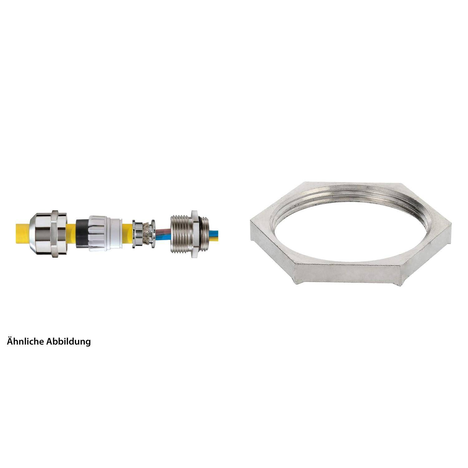Ein Steckverbinder mit einer Sicherungsmutter auf der linken Seite; eine metallische sechskante Mutter auf der rechten Seite. Diese Komponenten sind für Kabelverbindungen.