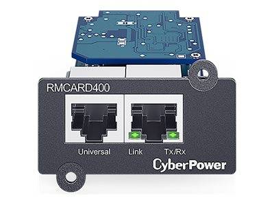 CyberPower RMCARD400 Netzwerkverwaltungskarte mit zwei Ethernet-Anschlüssen mit den Bezeichnungen Universal, Link und Tx/Rx.