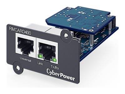 CyberPower RMCARD400 Netzwerkverwaltungskarte mit zwei Ethernet-Anschlüssen und Status-LEDs, dargestellt in einem Produktfoto.