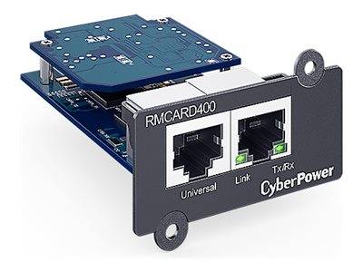 CyberPower RMCARD400 Verwaltungskarte mit zwei Ethernet-Anschlüssen und Status-LEDs, dargestellt in einer Vorderansicht-Produktabbildung.