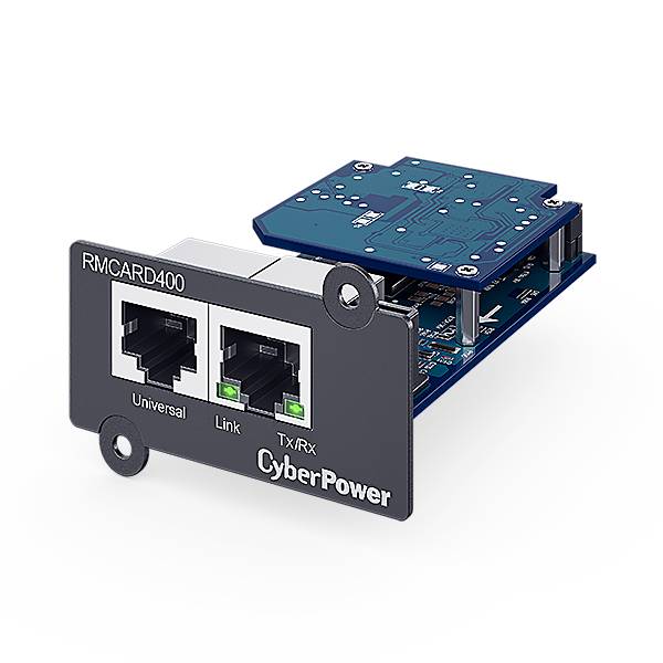 CyberPower RMCARD400 Netzwerkverwaltungskarte mit zwei RJ45-Anschlüssen mit den Bezeichnungen „Universal