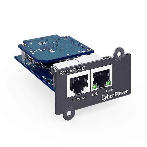 CyberPower RMCARD400 Netzwerkverwaltungskarte mit zwei Ethernet-Anschlüssen mit den Bezeichnungen Universal und Link/Tx/RX.