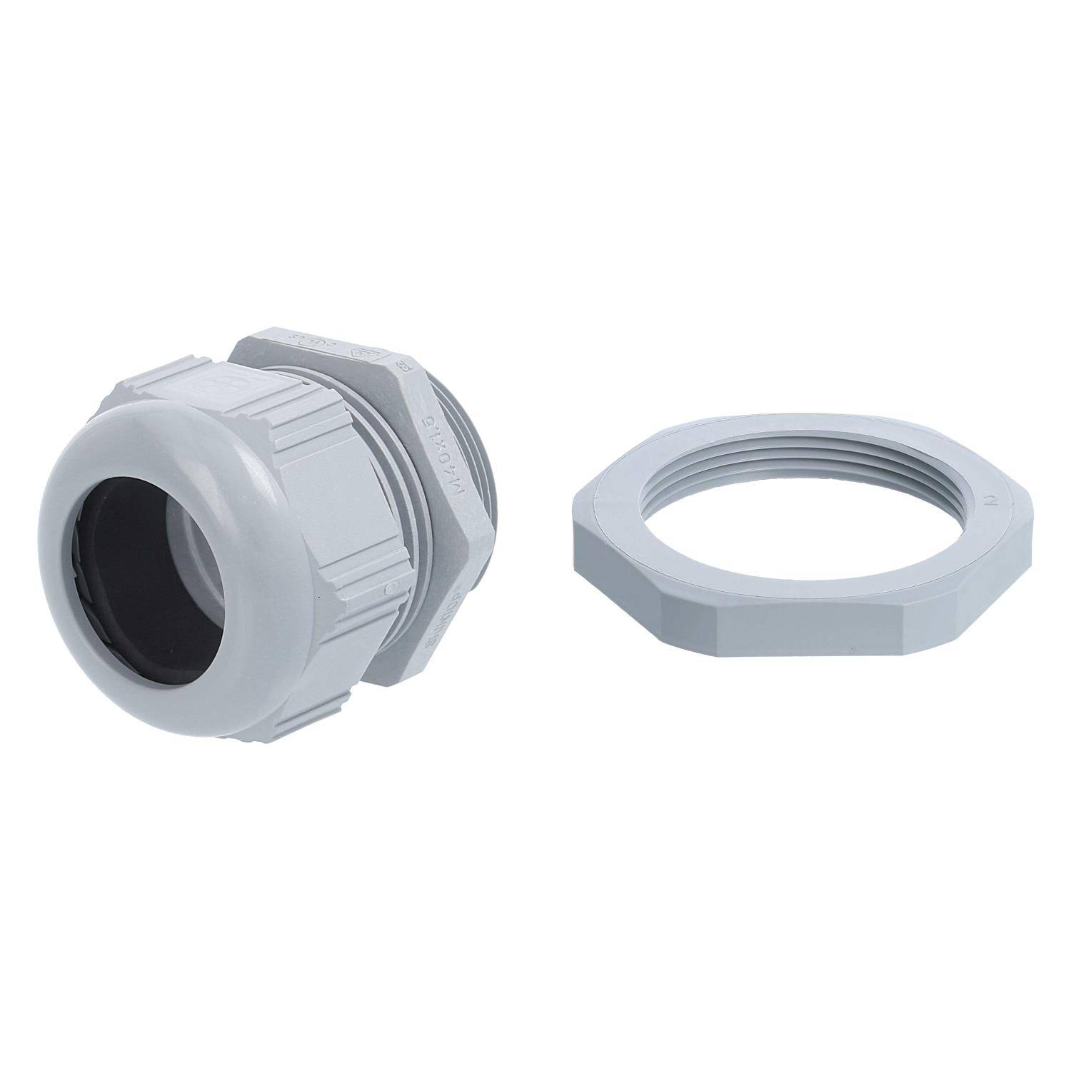 Zwei graue Kunststoff-Kabelverschraubungen, eine mit einer gelösten Sicherungsmutter. Verwendet zum Abdichten von elektrischen Kabeln in Geräten.