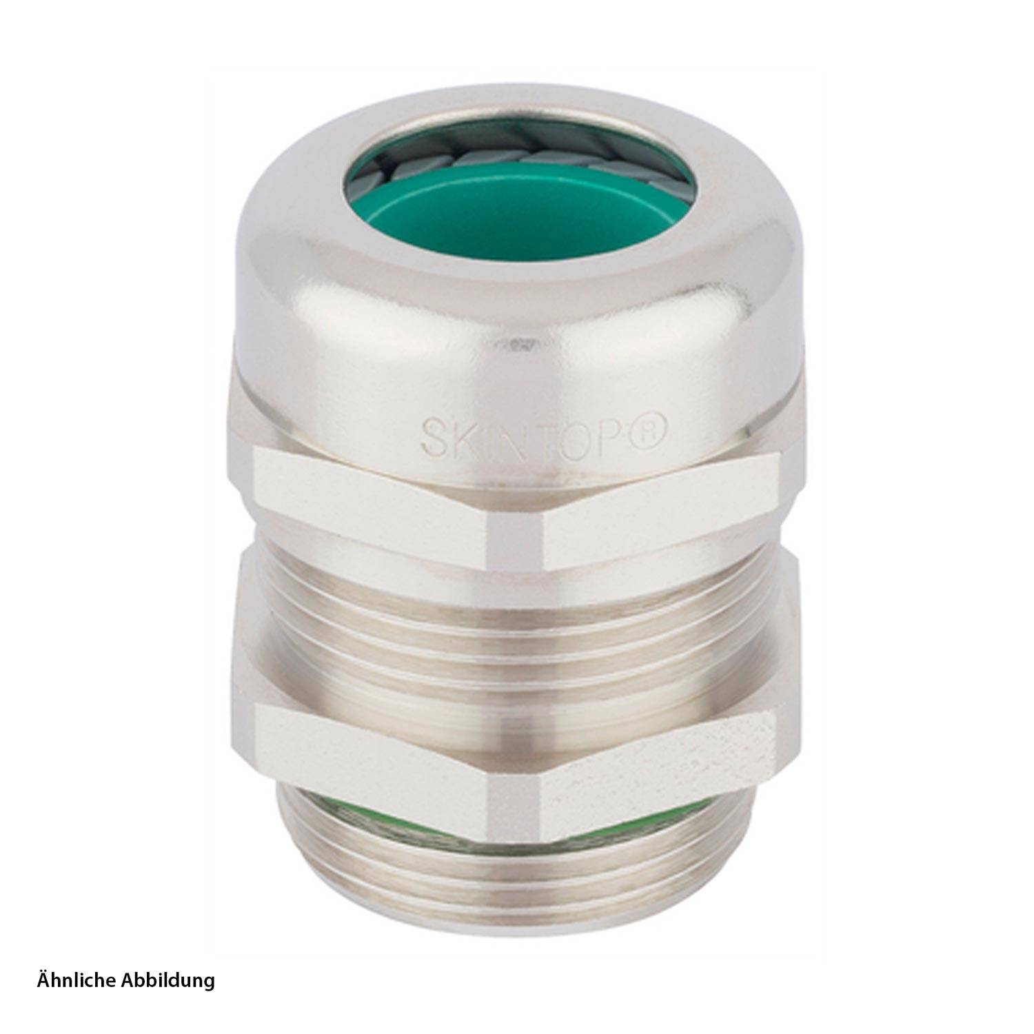 Metallische Kabelverschraubung mit sechseckiger Basis und Gewindekonnektor, gekennzeichnet mit ‚SKINTOP', zur sicheren Durchführung von Kabeln durch Gehäuse.