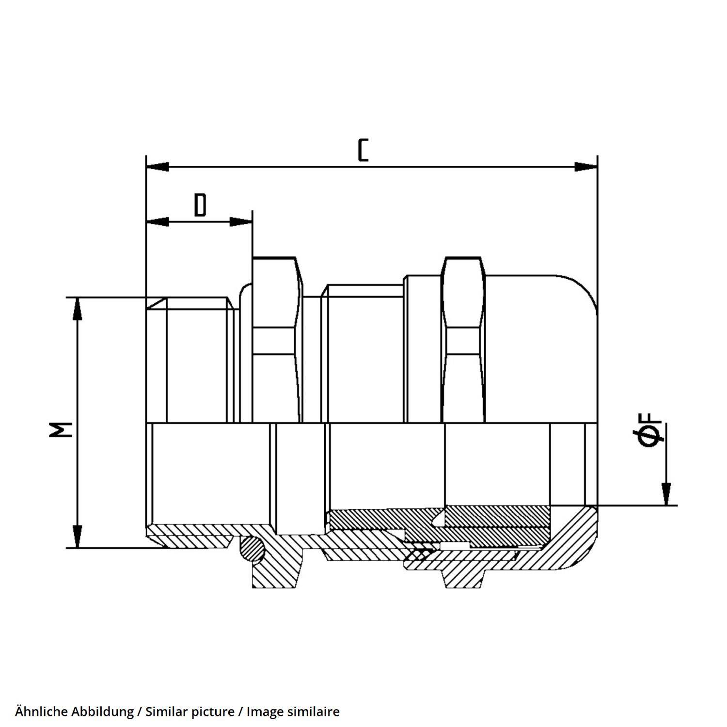 Technische Zeichnung eines mechanischen Bauteils mit beschrifteten Abmessungen: C, D, M und ΦF. Seitenansicht zeigt detaillierte Konturen und Messungen.
