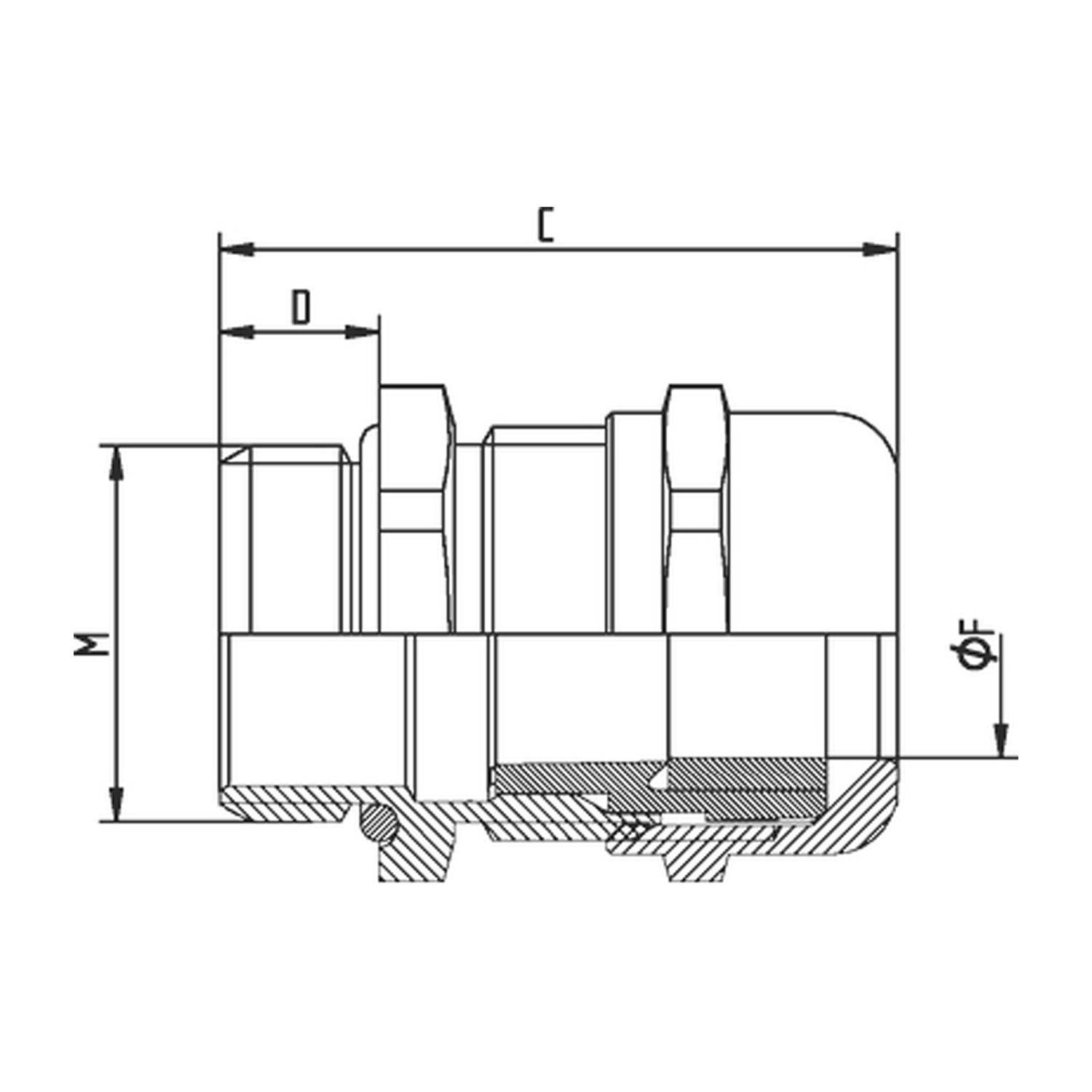 Eine technische Zeichnung einer mechanischen Komponente mit beschrifteten Maßen M, C, D und ΦF, die verschiedene Konstruktionsmerkmale und Messungen zeigt.