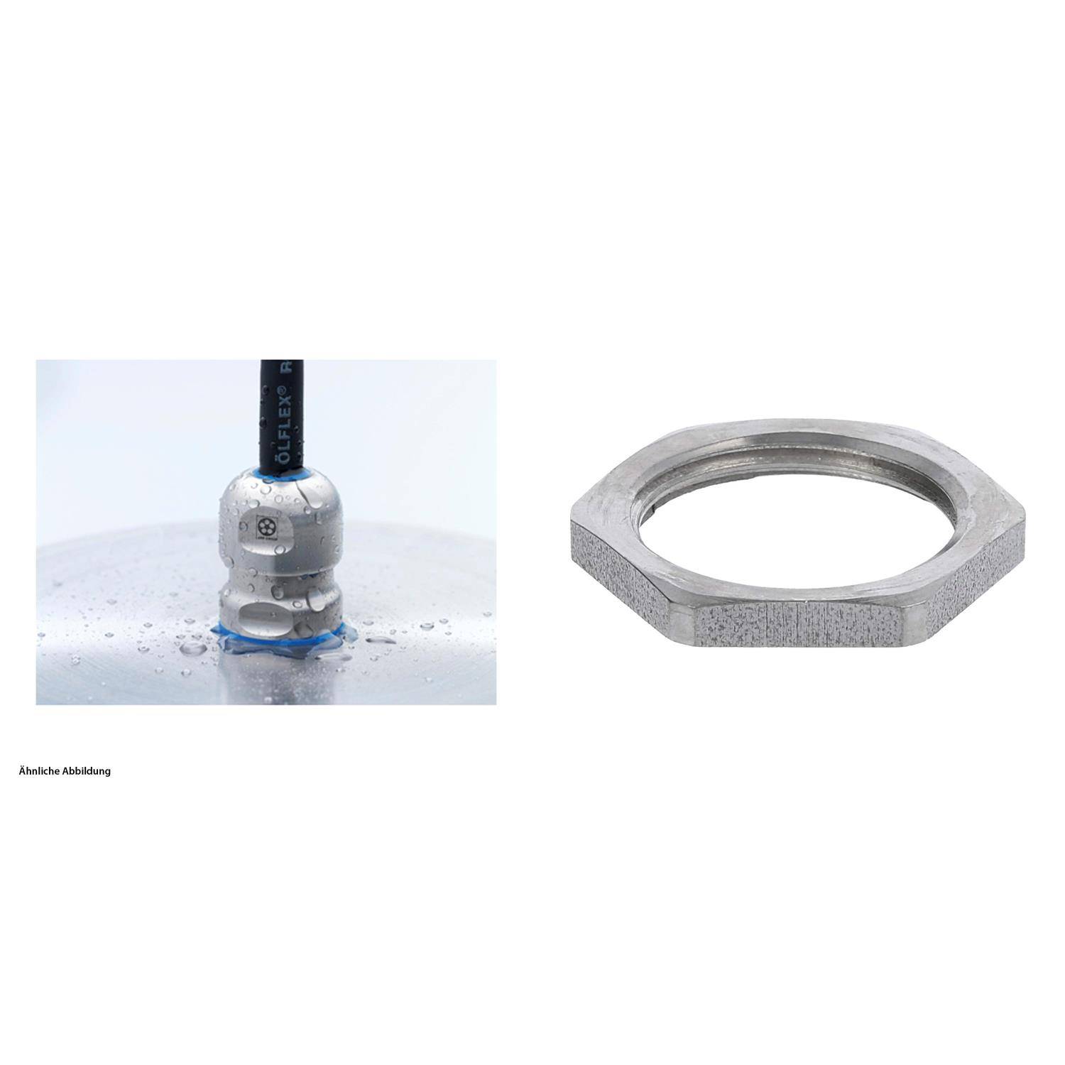 Ein Edelstahl-Kabelbinder, der an einer Oberfläche befestigt ist, neben einer sechseckigen Metallscheibe auf weißem Hintergrund.