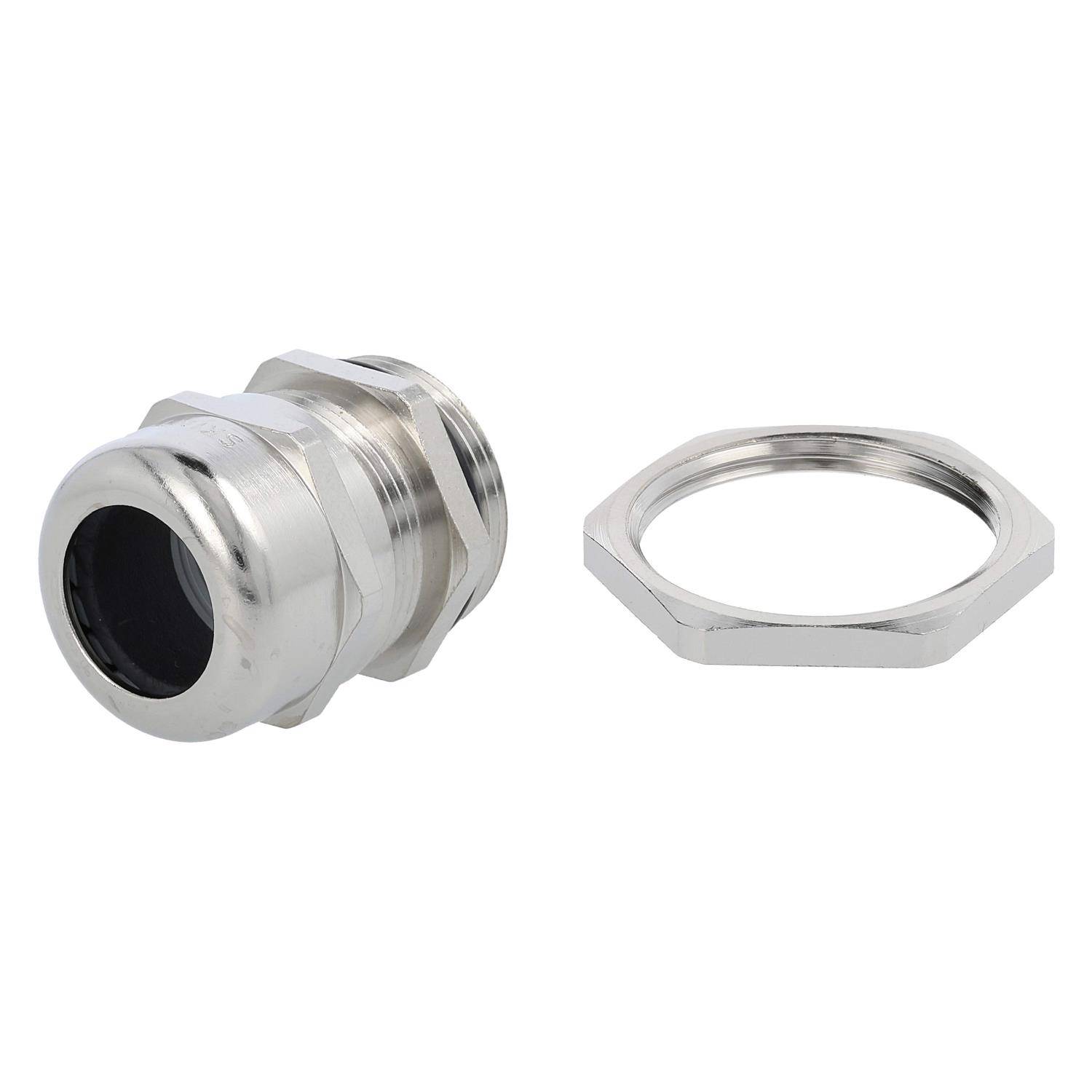 Metall-Kabelverschraubung mit aufschraubbarer Sechskantmutter, verwendet zum Sichern und Abdichten von elektrischen Kabeln durch Panels.