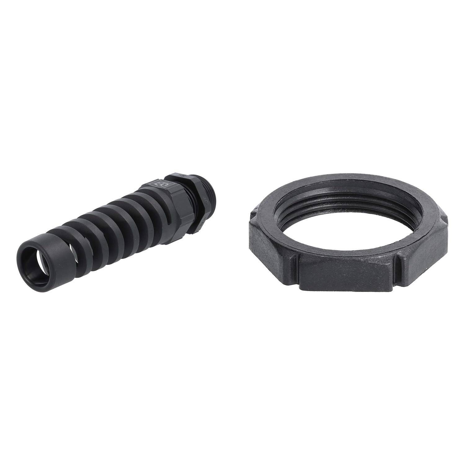 Eine schwarze Taschenlampe mit strukturiertem Griff, neben einem schwarzen sechseckigen Ring, beide auf weißem Hintergrund.