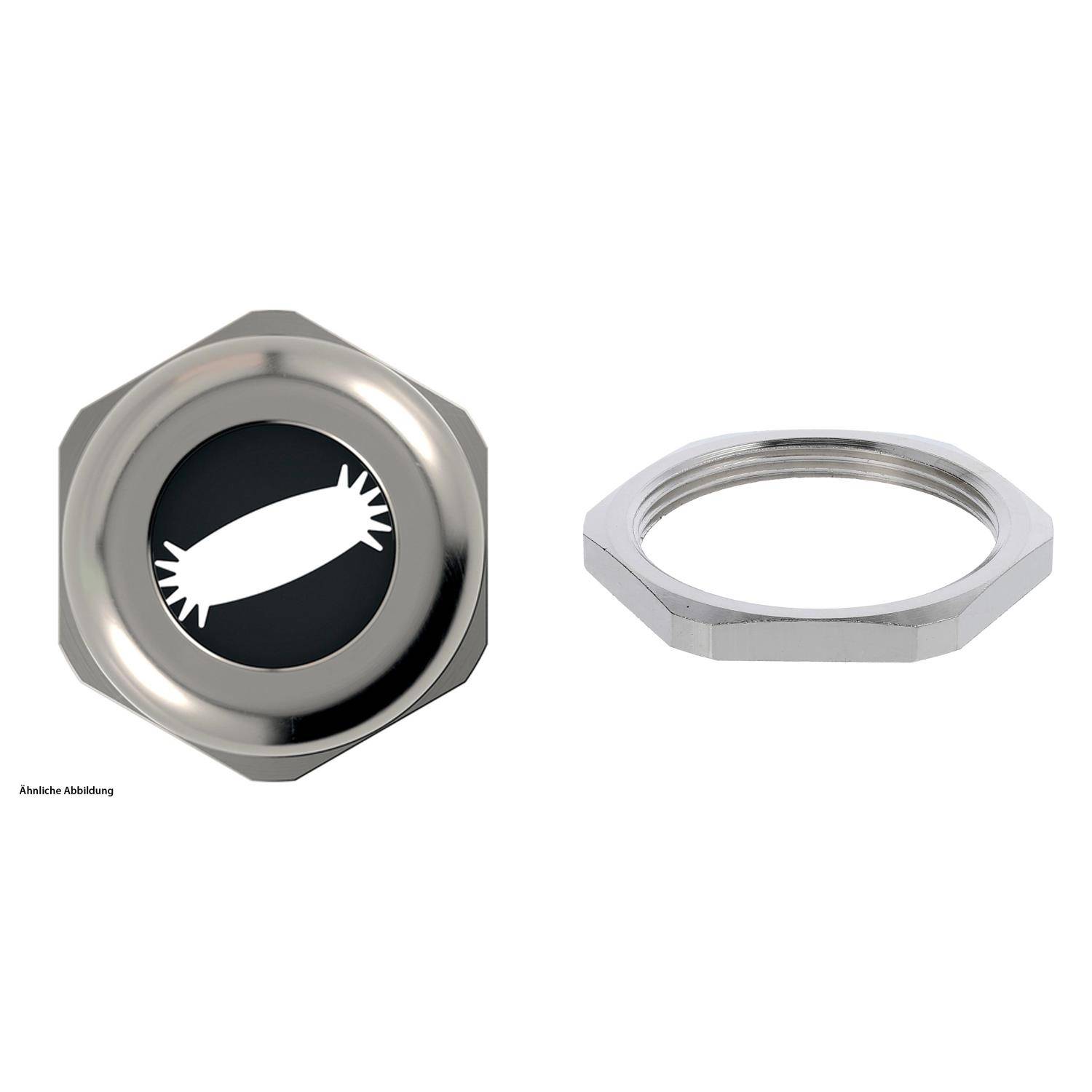 Metallische sechseckige Kappe mit Insektensilhouette und separatem Metallring, wahrscheinlich Teil eines mechanischen Systems oder einer dekorativen Befestigung.