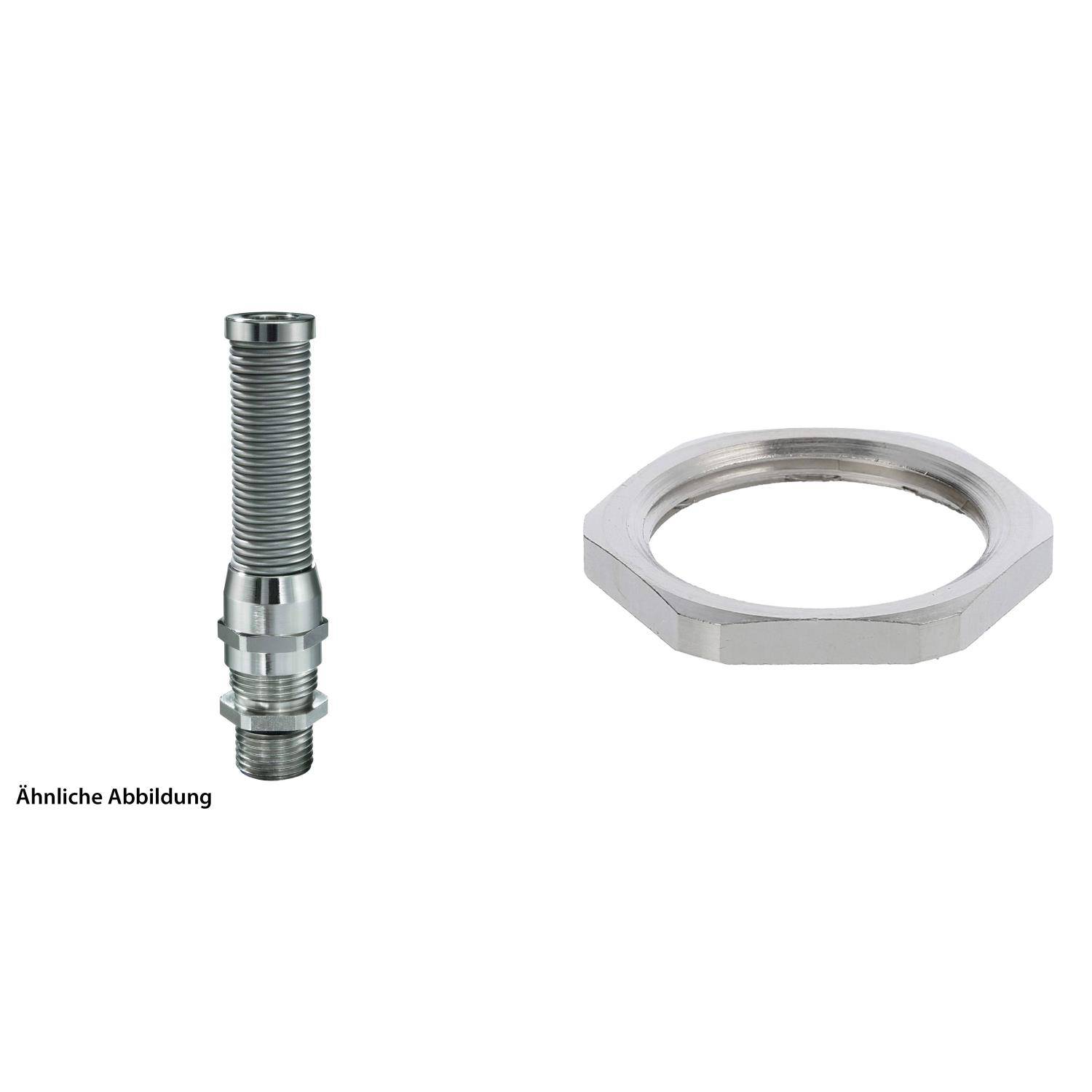 Metallschlauch mit Verbinder und Sechskantmutter für Sanitäranwendungen; Schlauch links, Mutter rechts.