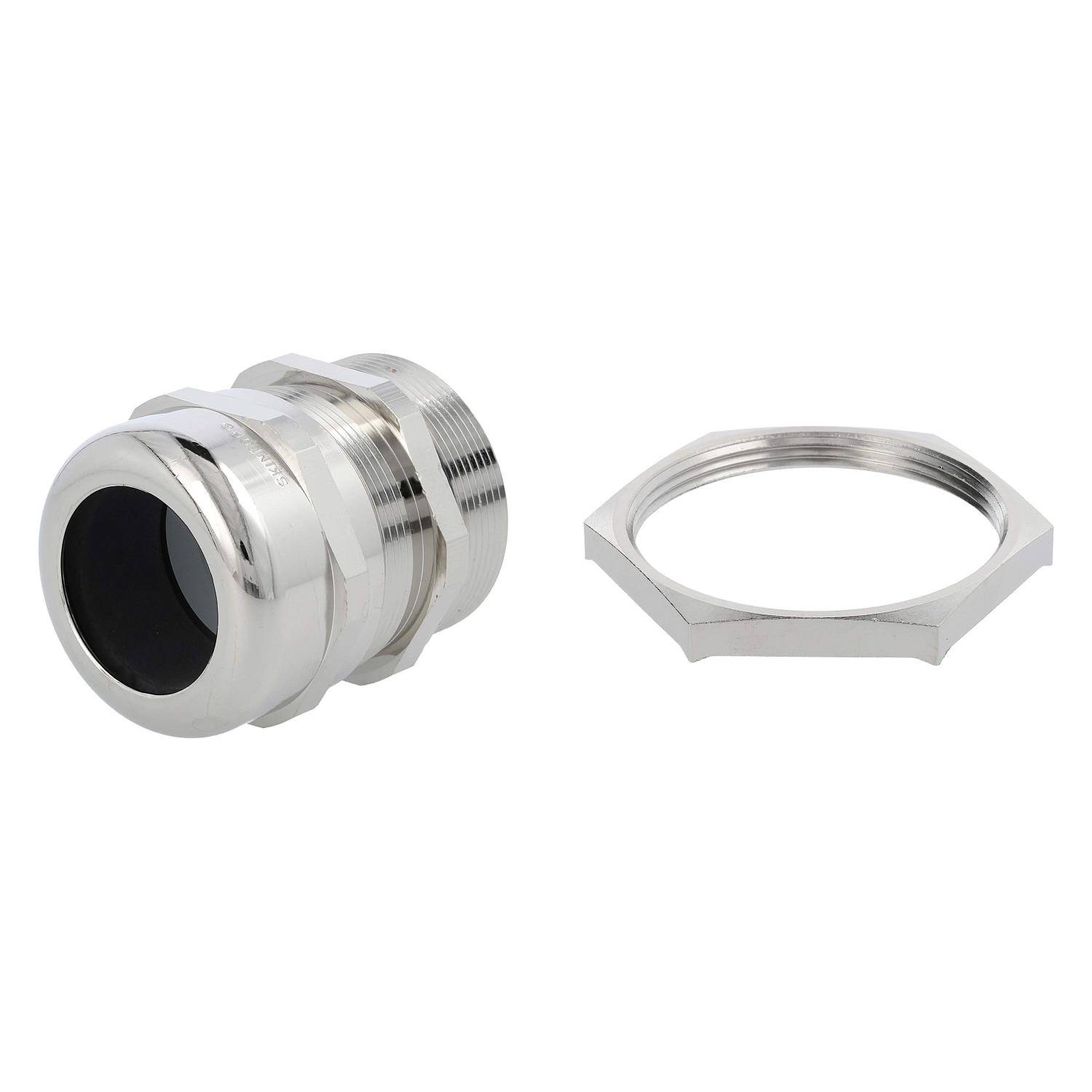 Metall-Kabelverschraubung mit einer Mutter, die eine zylindrische Form und einen glänzenden Finish aufweist und zur Sicherung und Abdichtung von Kabeln konzipiert ist.