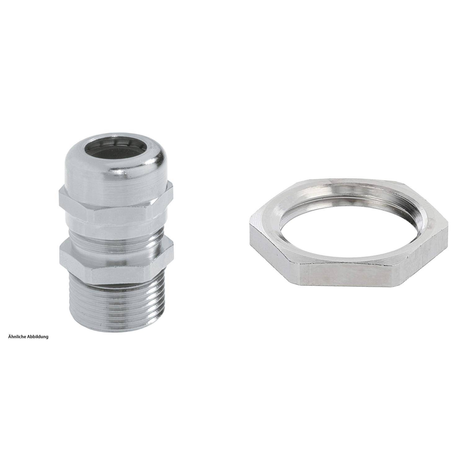 Eine metallische Kabelverschraubung und eine passende Gegenmutter sind nebeneinander vor einem einfarbigen Hintergrund abgebildet. Beide sind für die Befestigung von Kabeln konzipiert.