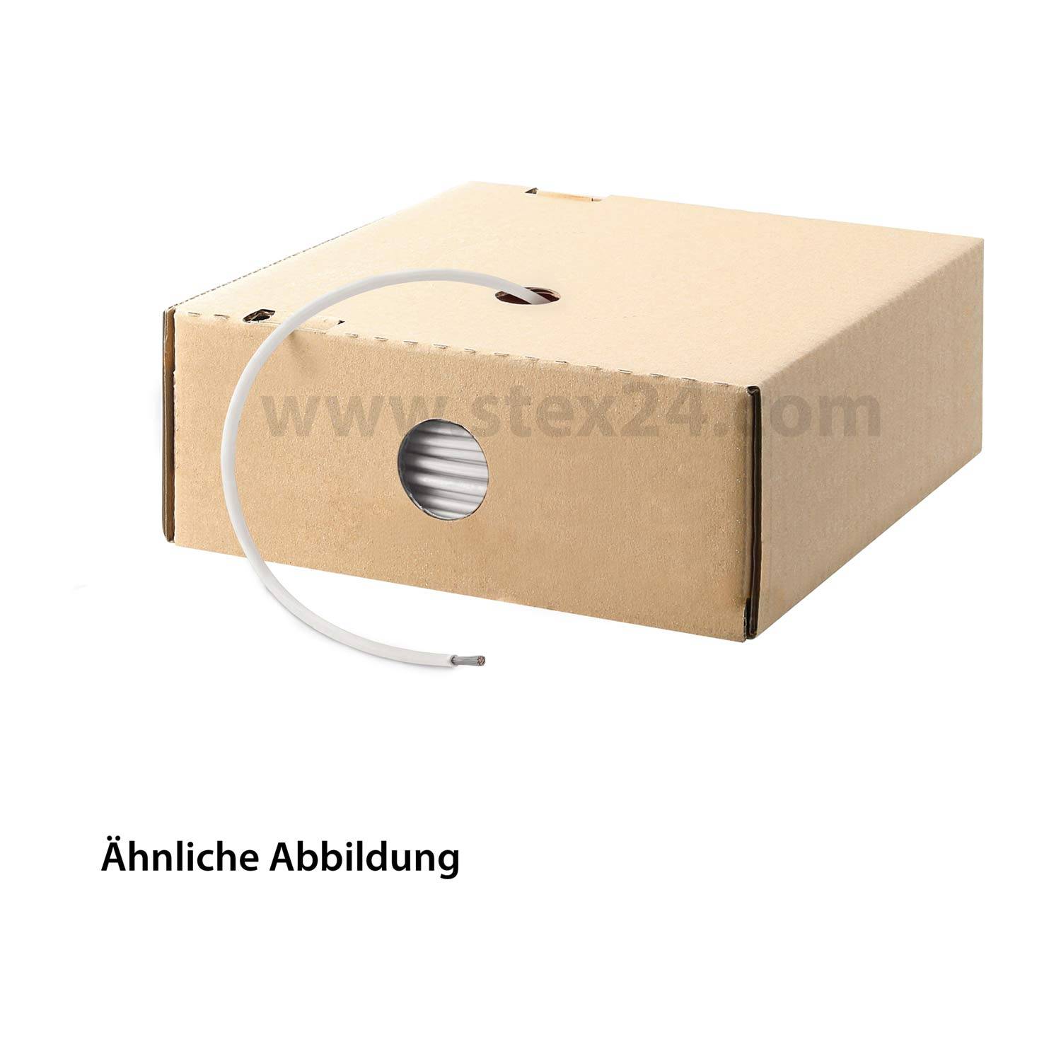 Eine Pappkartonspendebox, die ein teilweise sichtbares aufgewickeltes Kabel enthält, positioniert mit dem Aufdruck 'www.stex24.com' an der Seite.