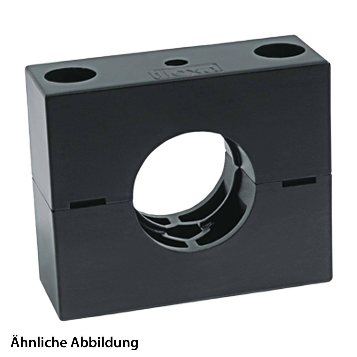 Eine schwarze Kunststoffkomponente mit einer kreisförmigen Öffnung in der Mitte, wahrscheinlich verwendet zur Befestigung oder Unterstützung eines zylindrischen Objekts.