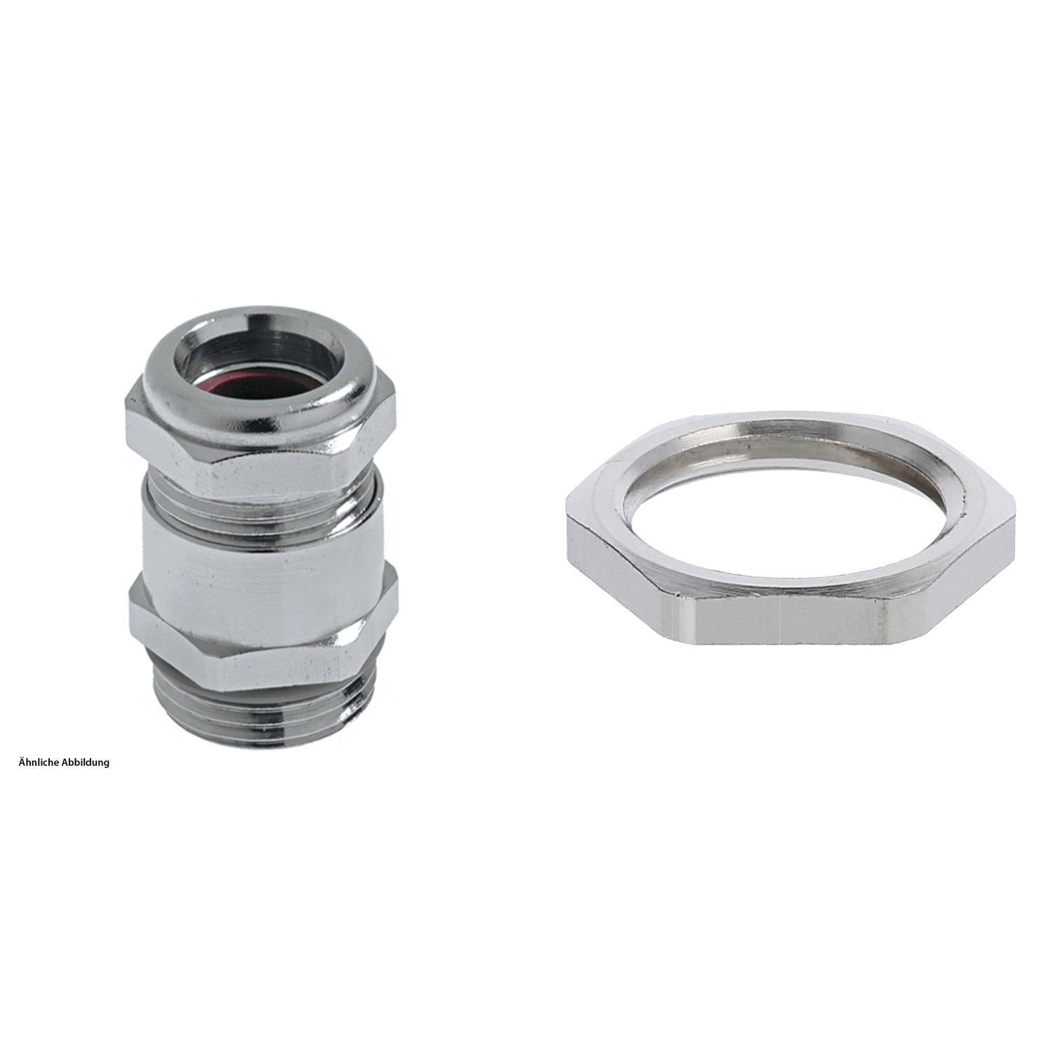 Ein flexibles Metallgelenk und eine separate Sechskantmutter, typischerweise in der Sanitär- oder Maschinenbauindustrie verwendet, vor einem weißen Hintergrund.