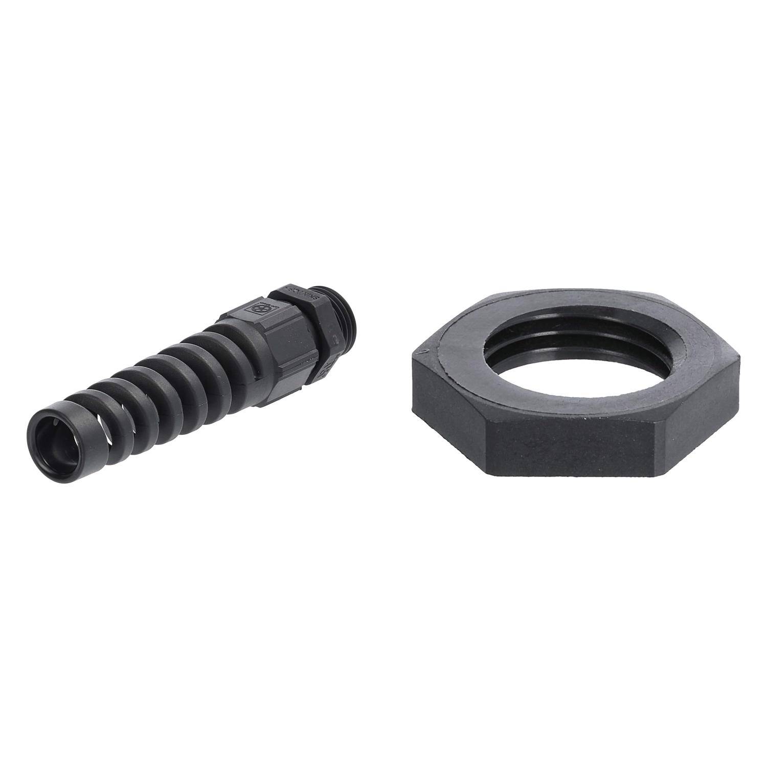 Ein schwarzer Kabelverschraubung mit flexiblem Schutzschlauch und sechskantigem Sicherungsmutter für sichere und schützende Kabelmanagementlösungen.