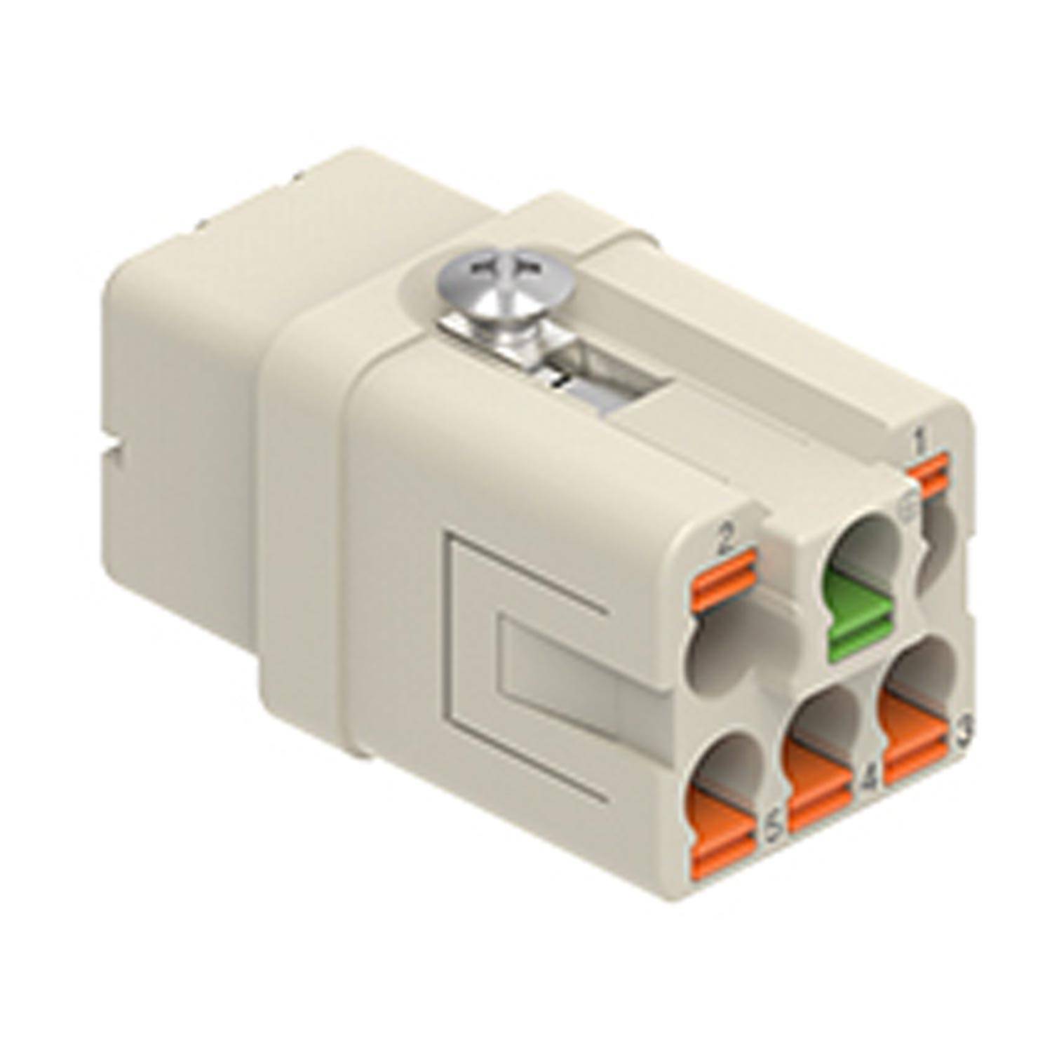 Ein sechspoliger Elektrostecker in einem beigefarbenen Gehäuse mit nummerierten Anschlüssen und farbigen Markierungen zur korrekten Identifizierung der Verdrahtung.