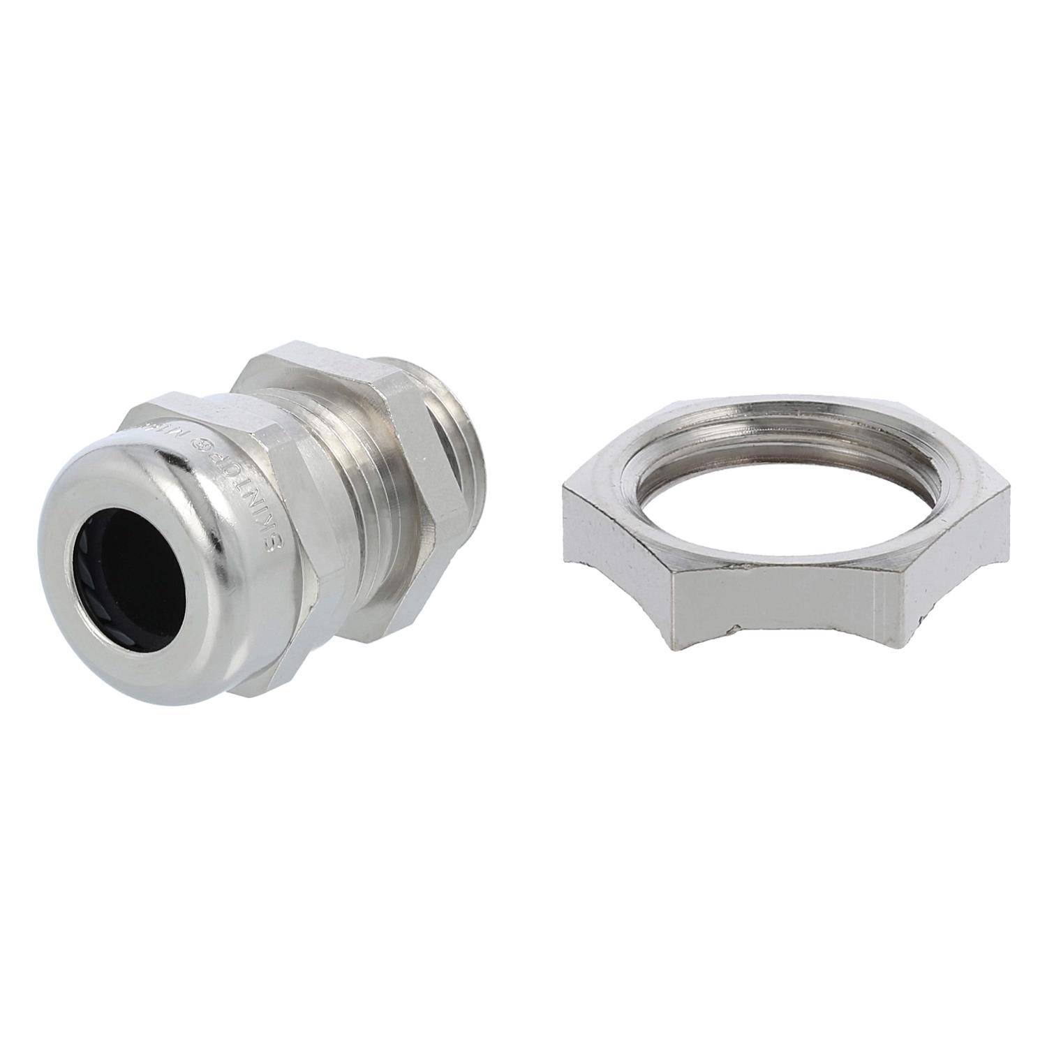 Eine Metallkabelverschraubung mit passender Gegenmutter, die zum Sichern von Kabeln und Gewährleisten wasserdichter Verbindungen in elektrischen Systemen verwendet wird.
