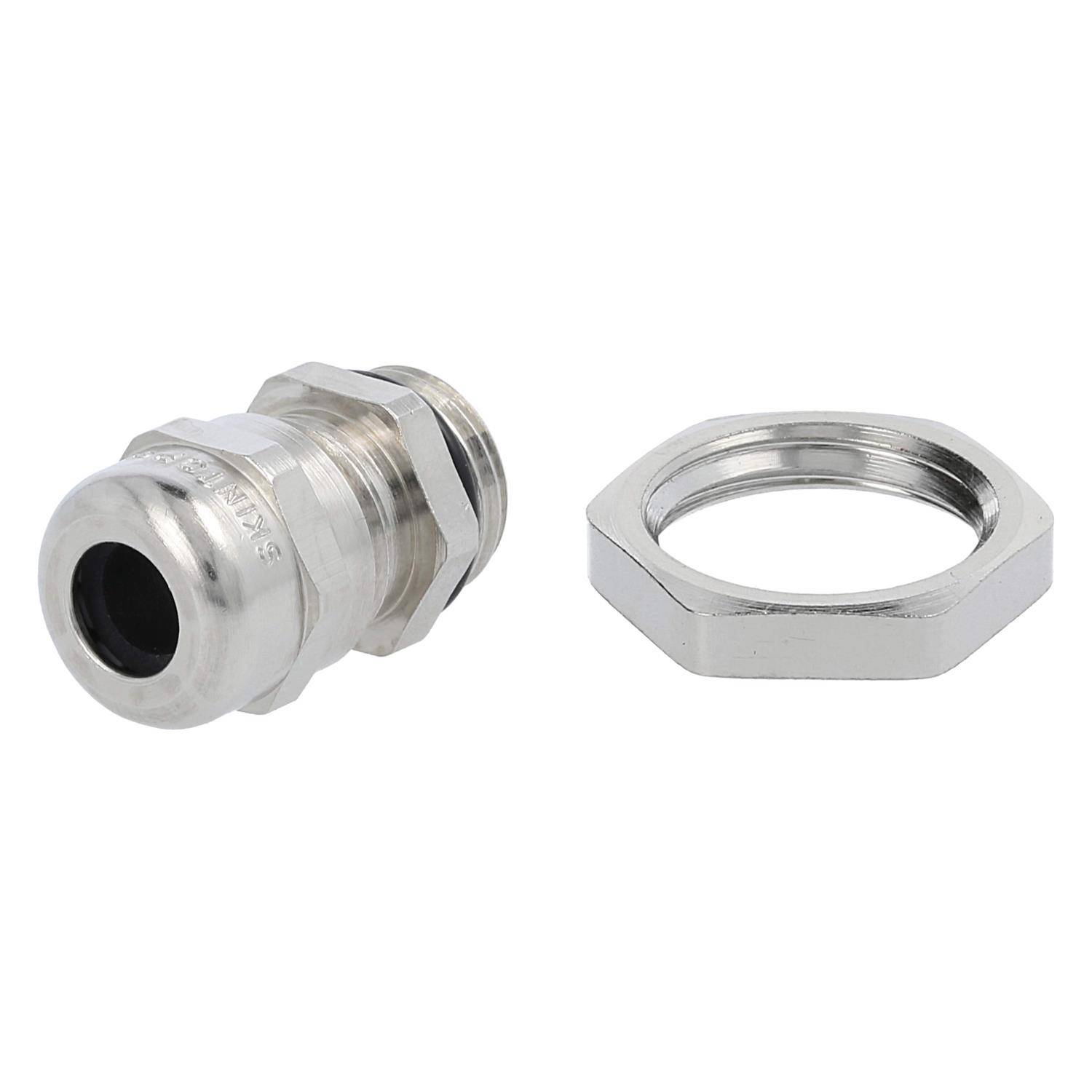 Metalldurchführungsverschraubung mit sechskantigem Sperrmuttern, konzipiert zum Abdichten von elektrischen Kabeln durch Gehäuse.