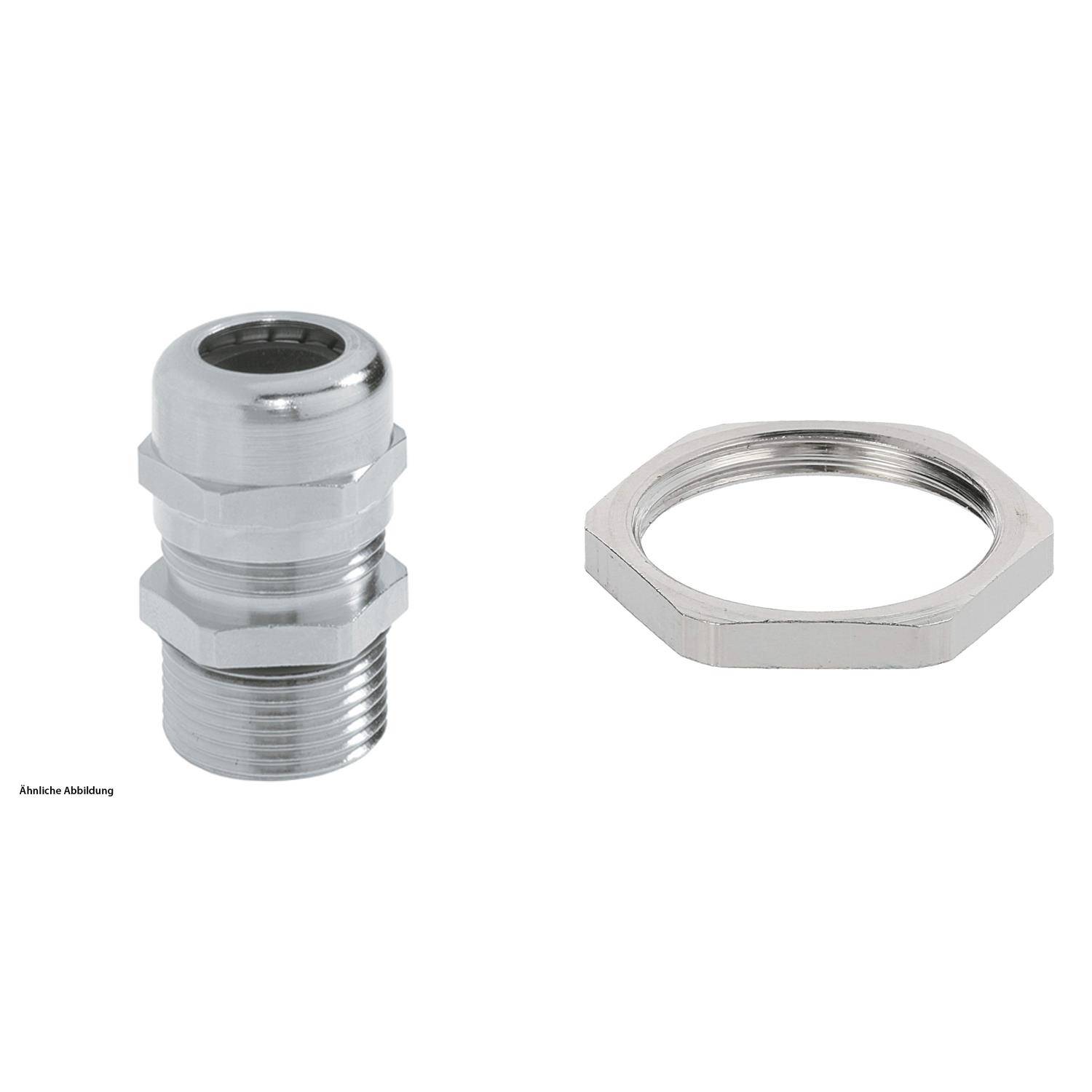 Metall-Kabelverschraubung mit sechskantigem Gegenmutter, geeignet zur Sicherung von Kabeln in einem elektrischen Gehäuse und zur Ermöglichung sicherer Kabelführung.