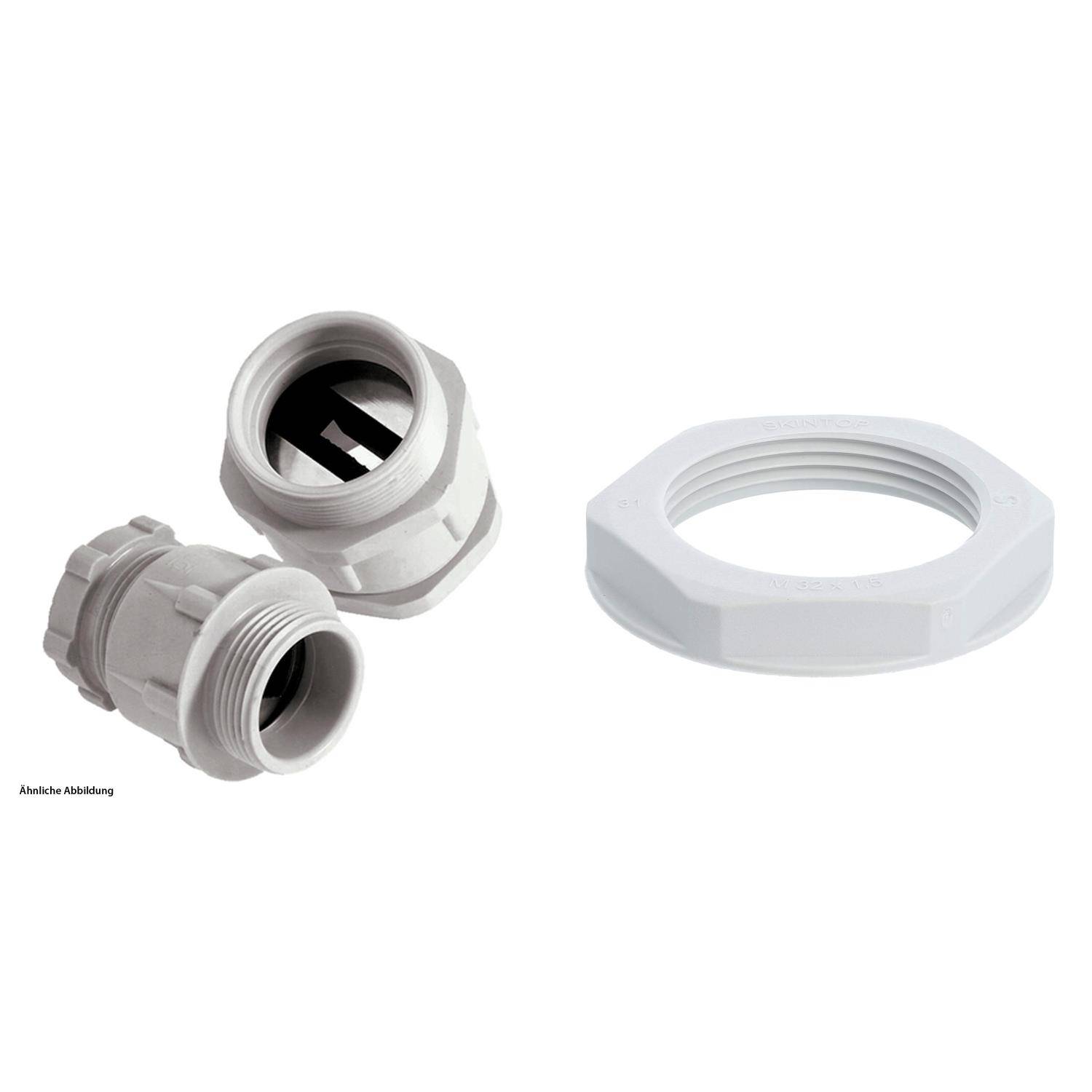 Dreikomponen-Kabelverschraubungsset in Weiß, inklusive einer Kontermutter, zum Sichern und Schutz von elektrischen Kabeln.