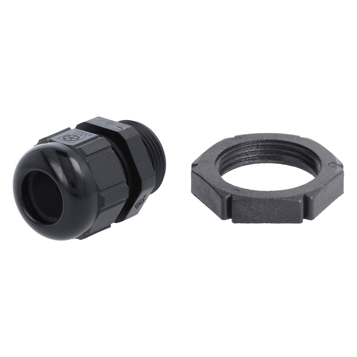 Eine schwarze Kunststoff-Kabelverschraubung mit einer separaten Sechskantmutter, die zum Sichern von elektrischen Kabeln in Gehäusen oder Geräten verwendet wird.