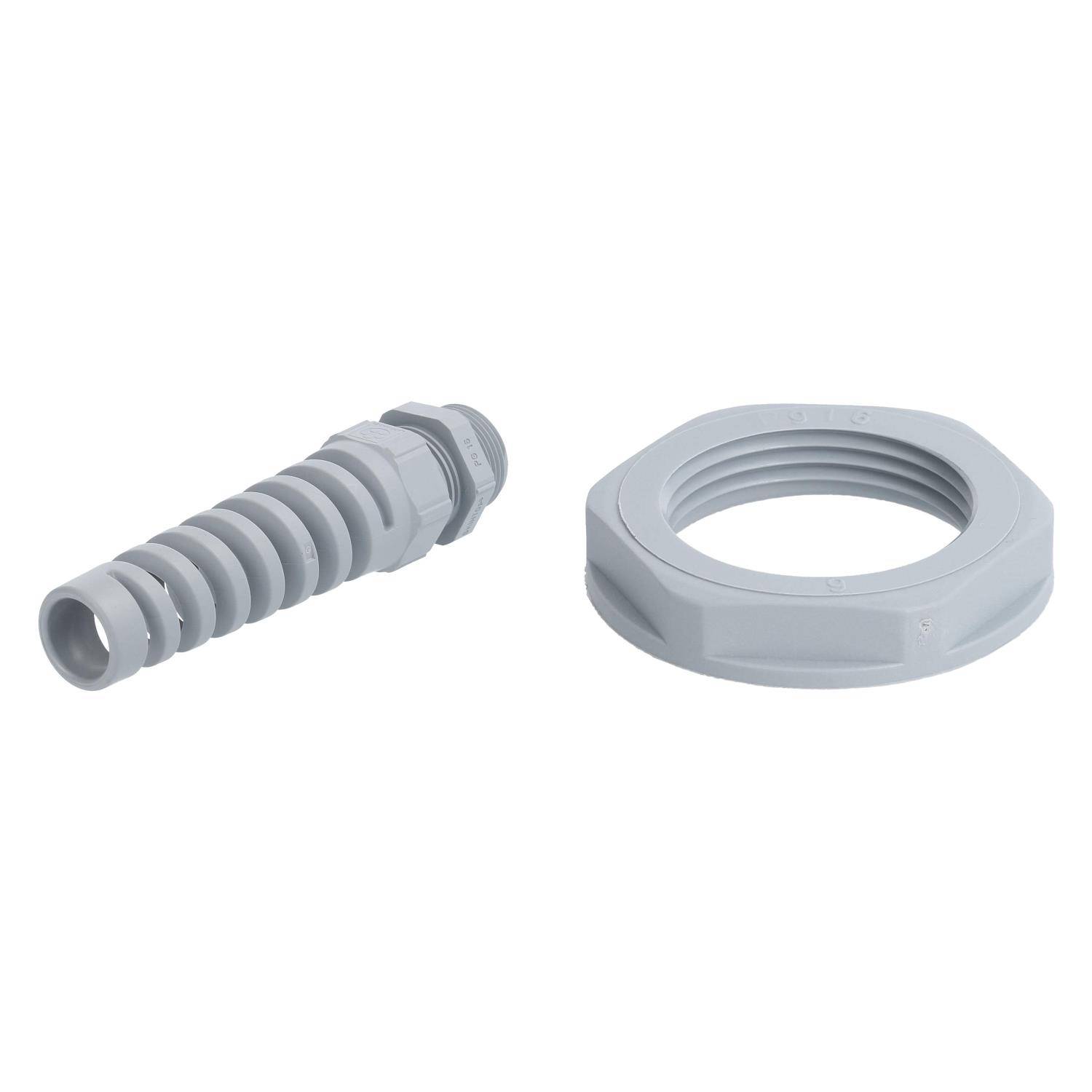 Ein grauer Leitungsverbinder und eine Sicherungsmutter sind nebeneinander auf einem weißen Hintergrund ausgerichtet.