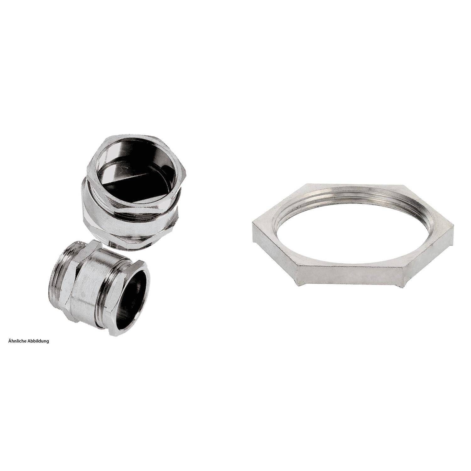 Metallverbindungsstücke, einschließlich eines zylindrischen Abschnitts und eines Sechseckrings. Die Objekte wirken metallisch und industriell.