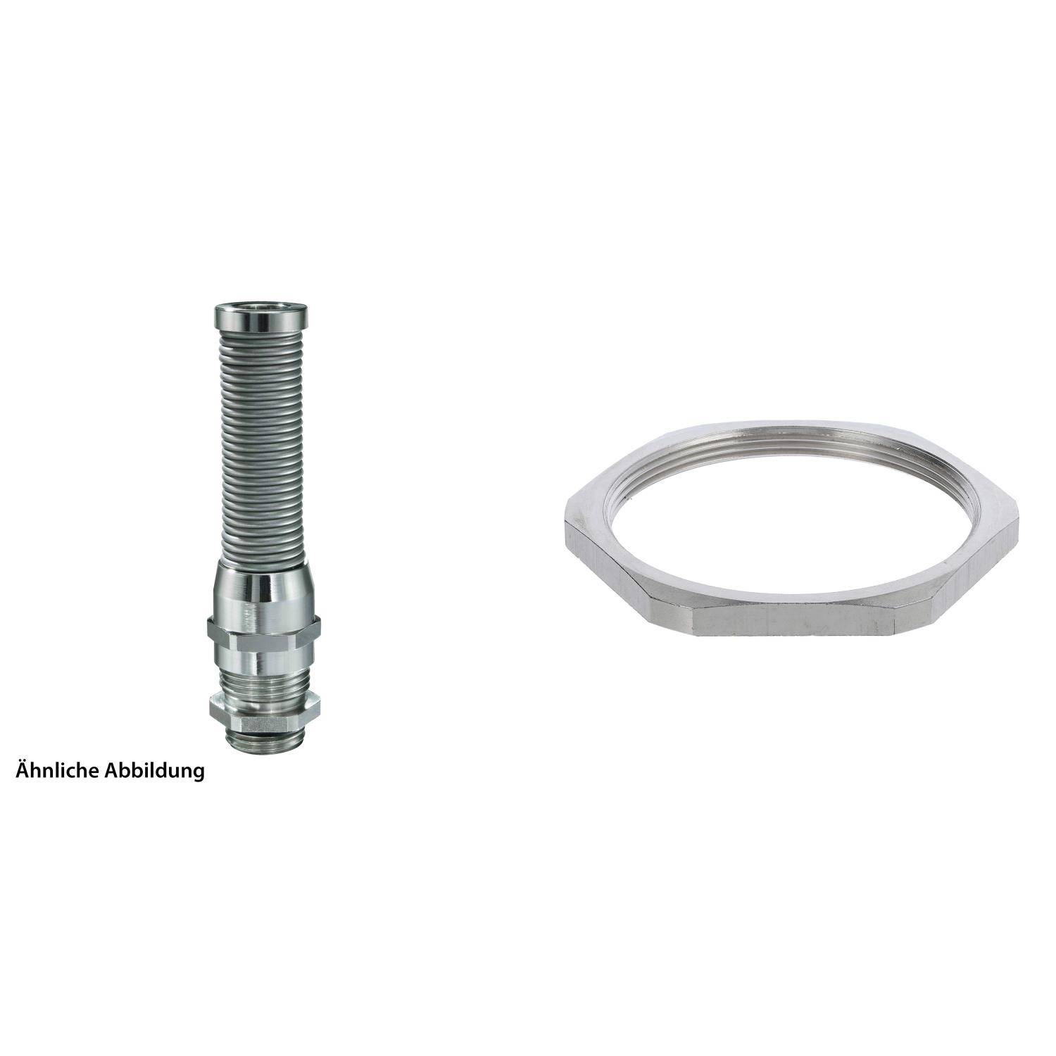 Ein Metallgewinde-Rohr und ein sechskantiger Ring werden nebeneinander gezeigt, möglicherweise Komponenten für eine mechanische Baugruppe oder Sanitärinstallation.