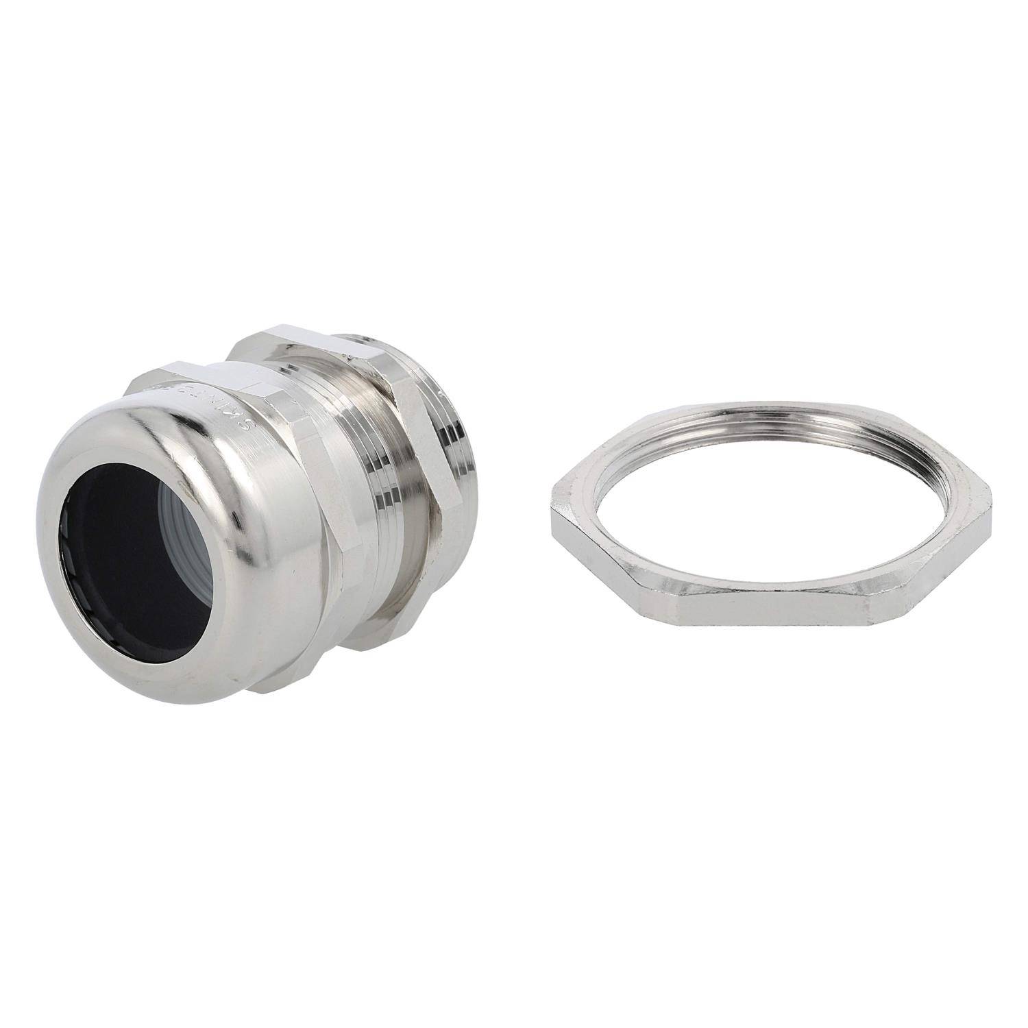 Silberner Metallkabelverschraubung mit schwarzer Innenbeschichtung neben einer separaten Sechskantmutter auf weißem Hintergrund.