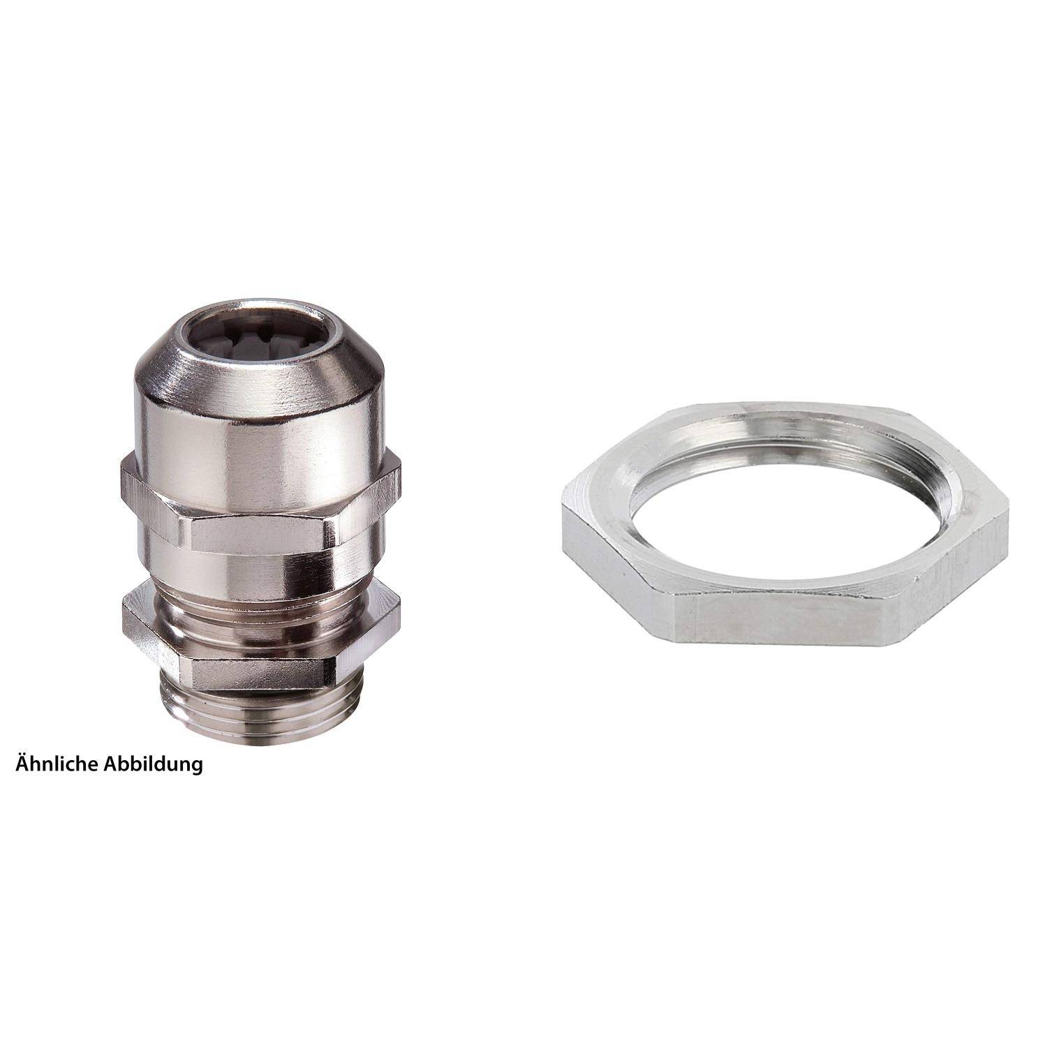 Ein ähnliches Bild zeigt links eine Kabelverschraubung aus Metall mit einer zylindrischen Form und Gewindedesign. Rechts befindet sich eine passende Sechskantmutter.