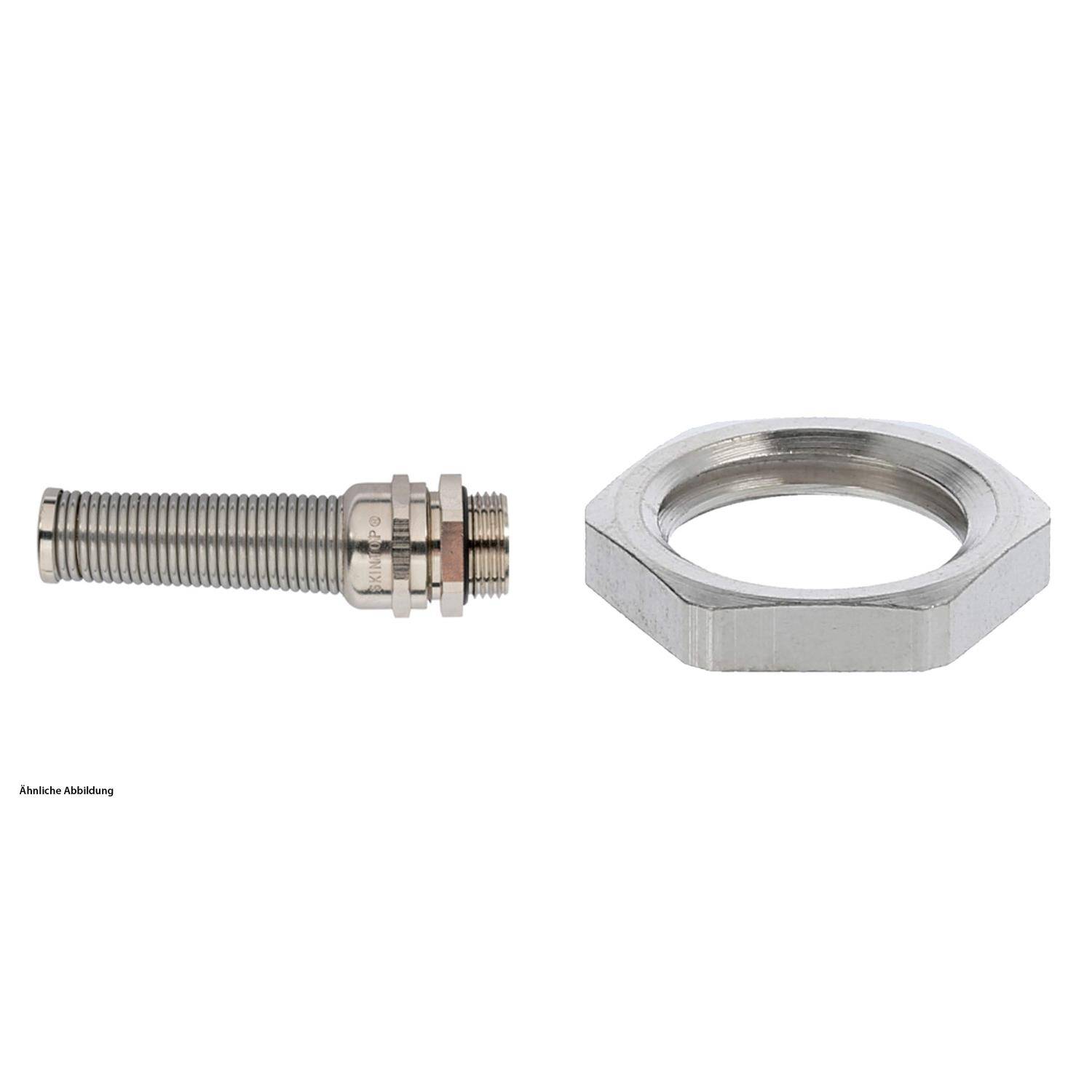 Ein Metallzylinder mit Gewindeabschnitten und einer separaten Sechskantmutter; wahrscheinlich Komponenten für eine mechanische Montage.