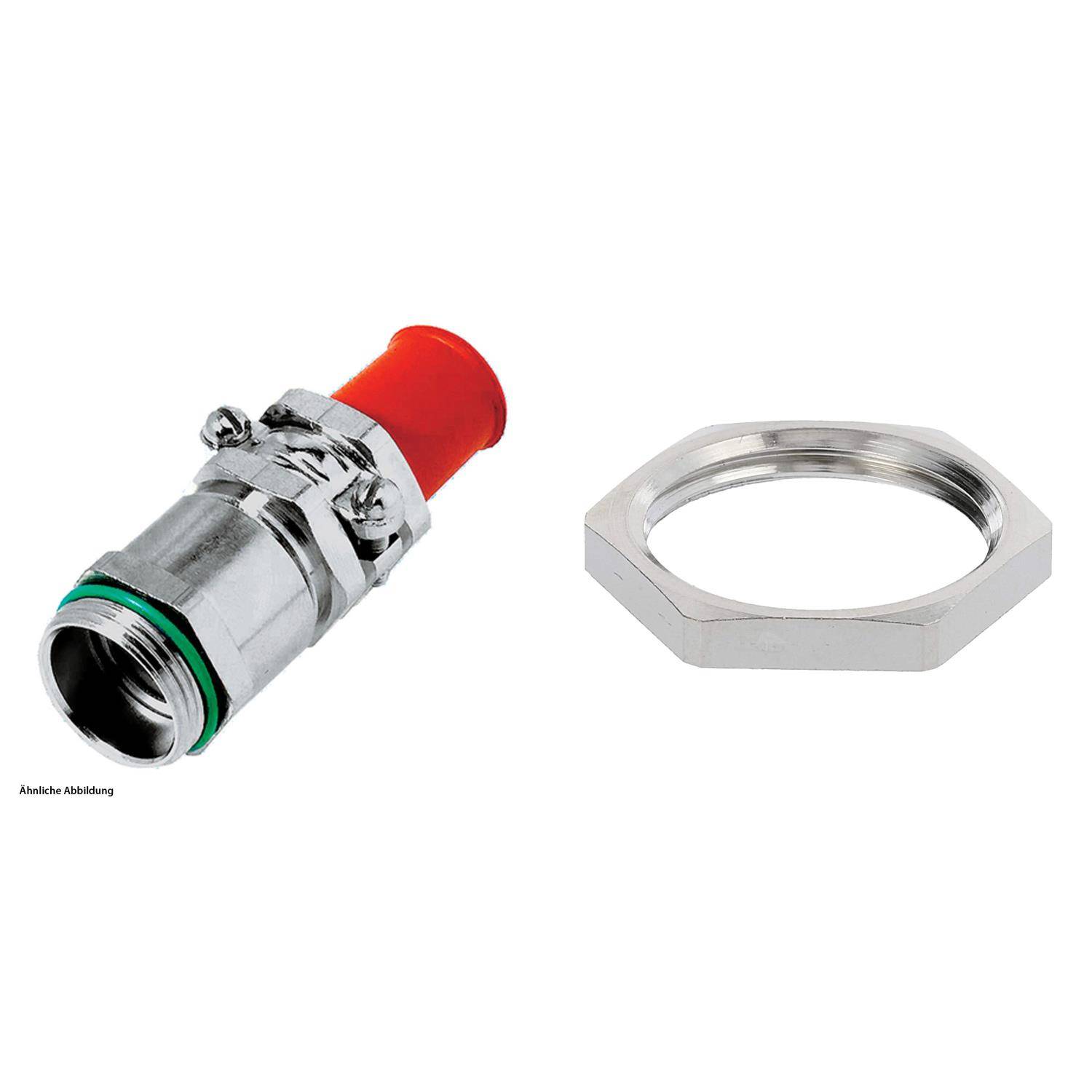 Sechskantmutter und metallischer Verbinder mit roter Endkappe, verwendet für sichere Kabelverbindungen in elektronischen oder mechanischen Systemen.