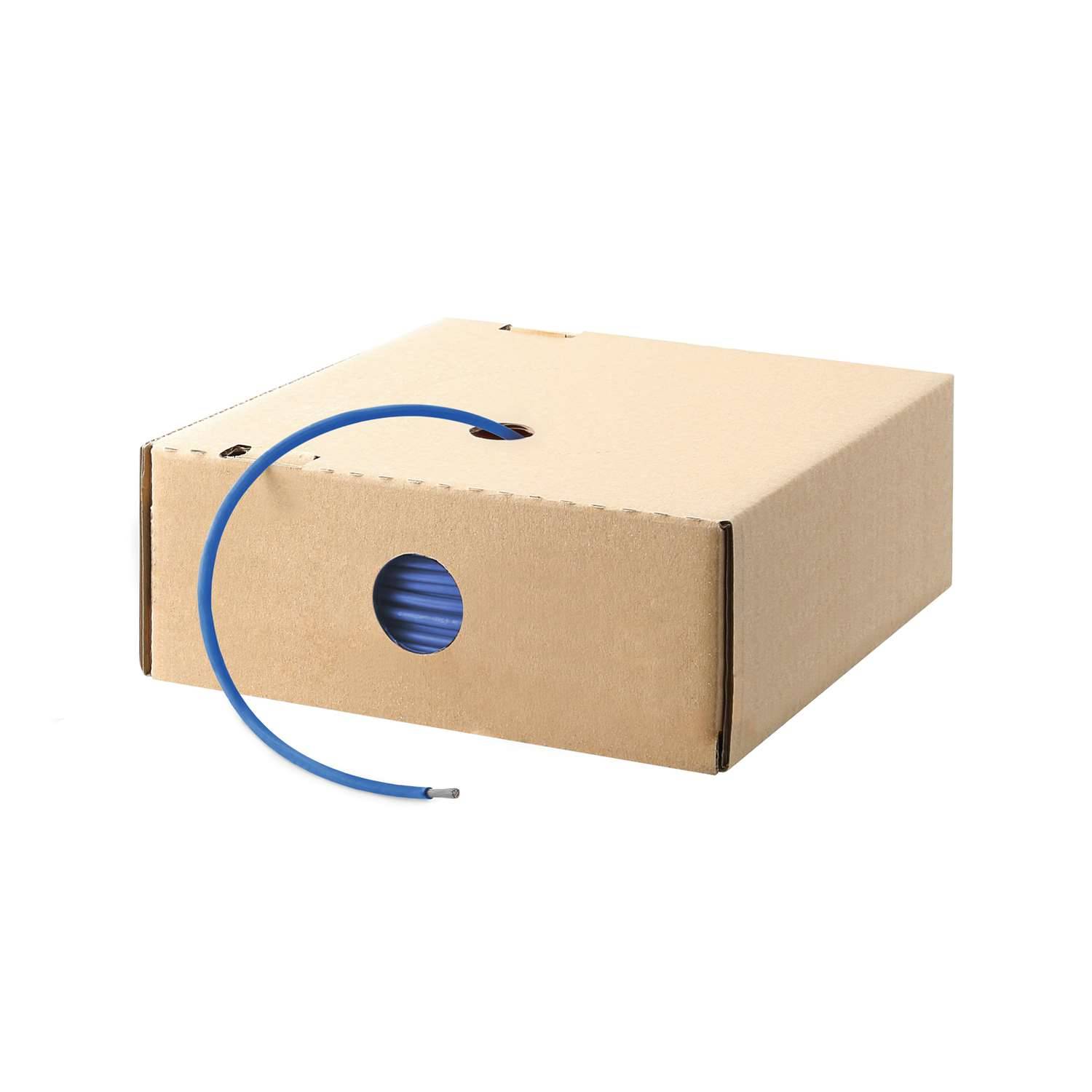 Eine Kartonschachtel mit einer Spule im Inneren gibt eine Länge eines blauen Kabels durch ein kreisförmiges Loch ab und deutet auf eine Verpackung für elektronische Verdrahtung hin.