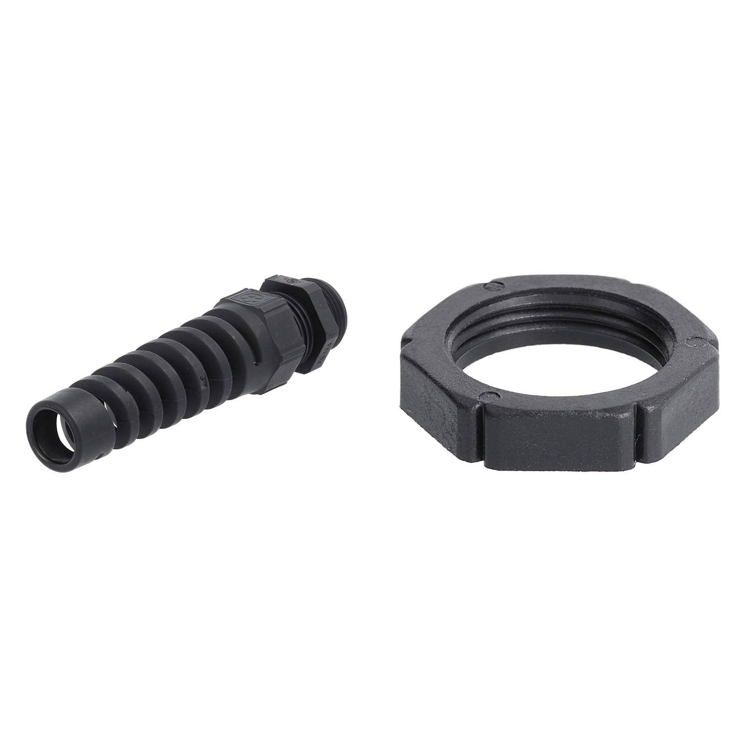 Ein schwarzer Schlauchstutzen mit Gewinde und eine sechseckige Sicherungsmutter, nebeneinander auf einem weißen Hintergrund platziert.