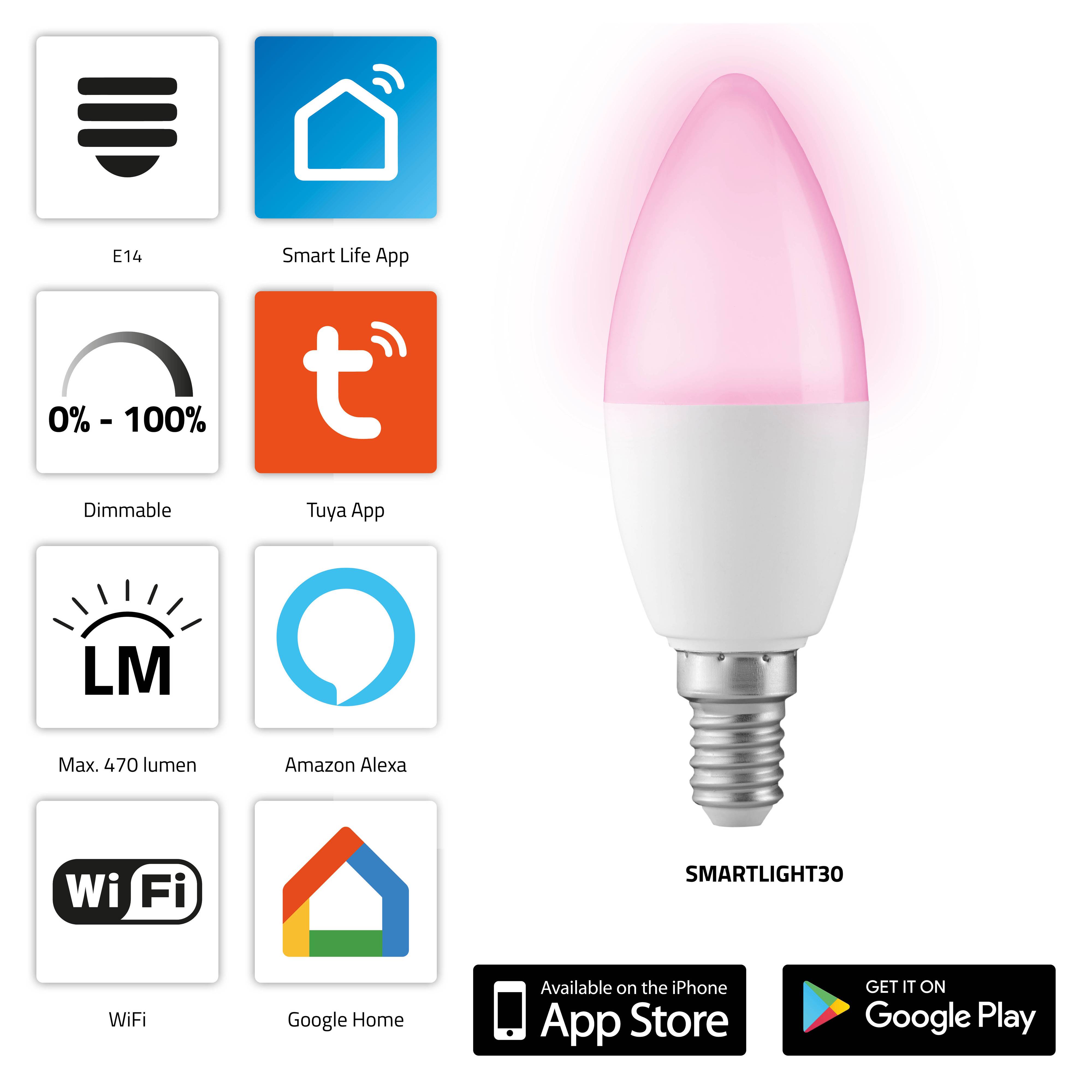 Automatisieren Sie Ihre Beleuchtung ganz einfach mit der SMARTLIGHT30. Mit bis zu 16 Millionen Farben (RGB) sorgt diese smarte Lampe für stimmung