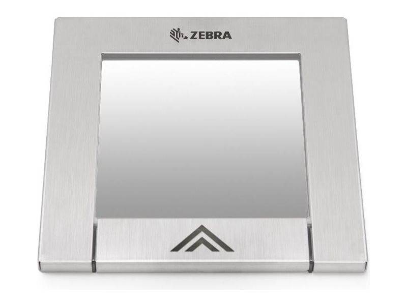 Wandplatte aus gebürstetem Metall mit Zebra-Branding, großem rechteckigem reflektierendem Paneel und dreieckigem Pfeilsymbol unten in der Mitte.