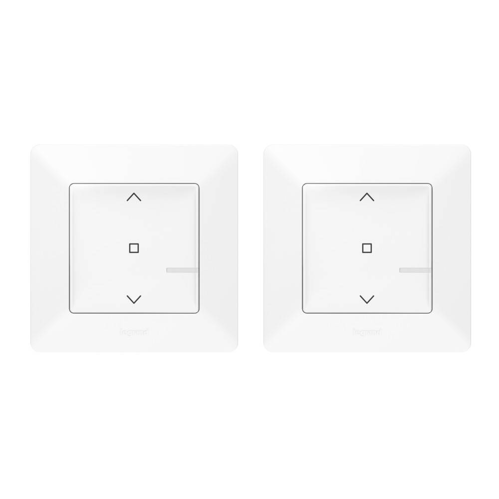 Zwei weiße Lichtschalter mit minimalistischem Design, die Pfeile nach oben und unten zur Einstellung der Lichteinstellungen aufweisen.