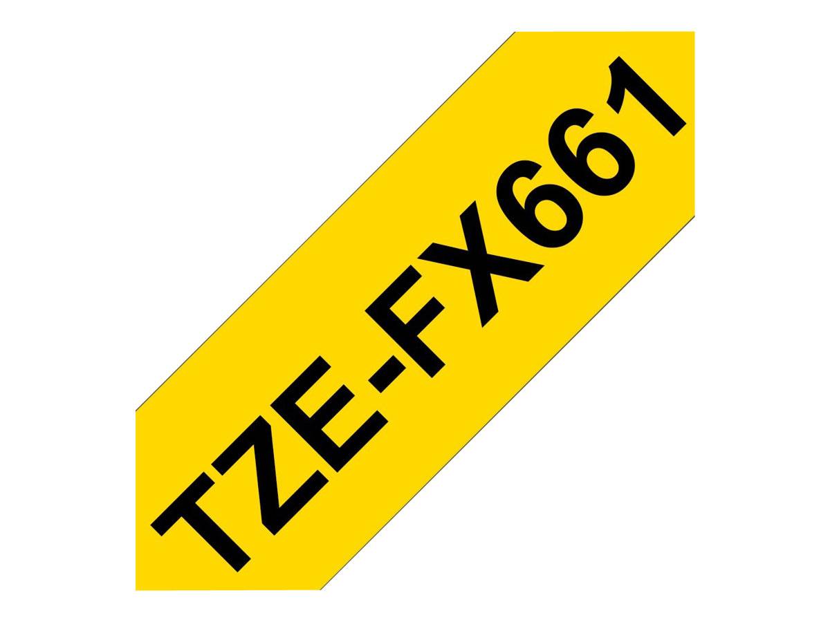 Gelbes Diagonaletikett mit schwarzem Text „TZE-FX661