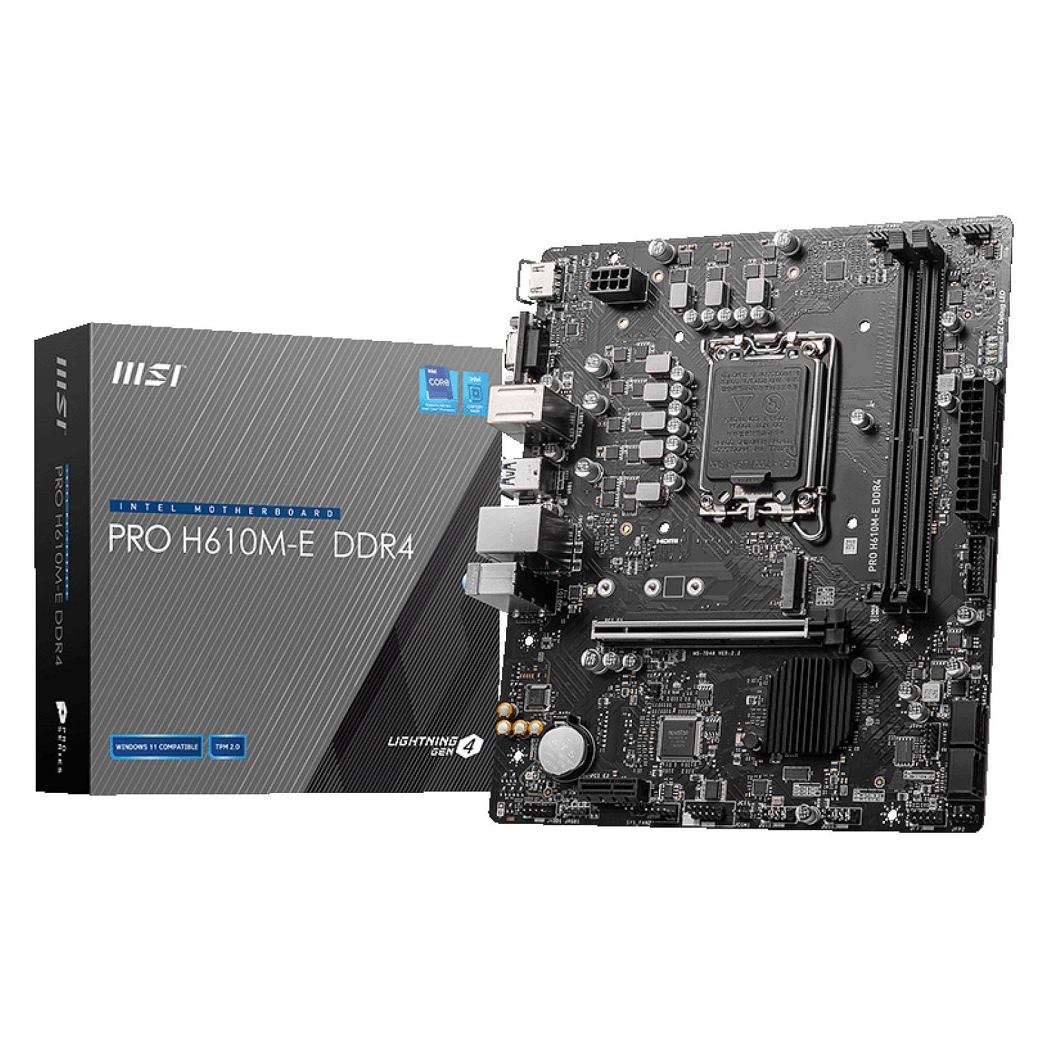 Box und Motherboard für 'MSI PRO H610M-E DDR4', mit LGA 1700-Sockel und Lightning Gen4.