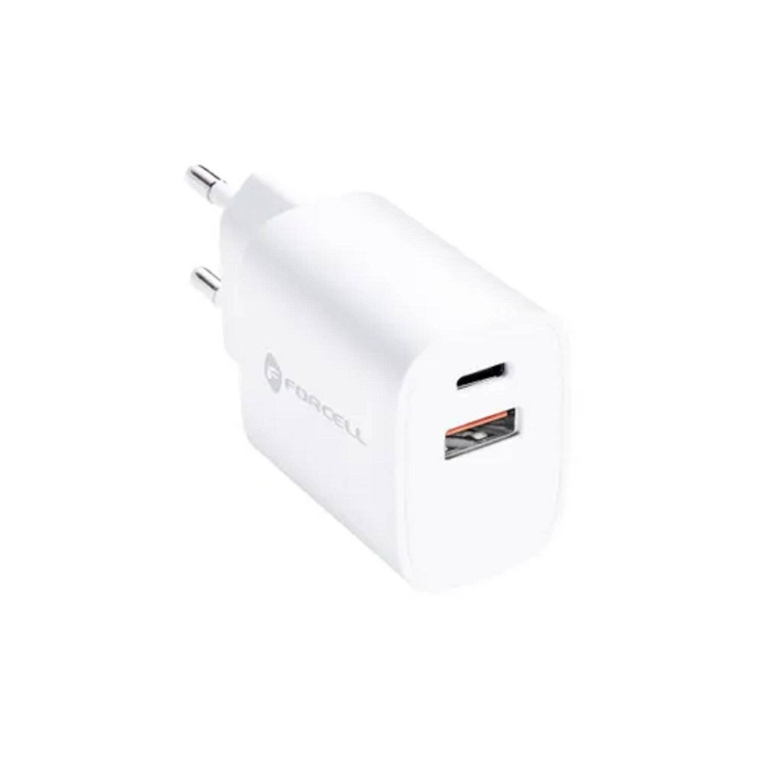Forcell Wandladegerät mit USB-Typ-C-Anschluss – 3 A, 30 W mit zwei Anschlüssen: USB Typ C und USB A