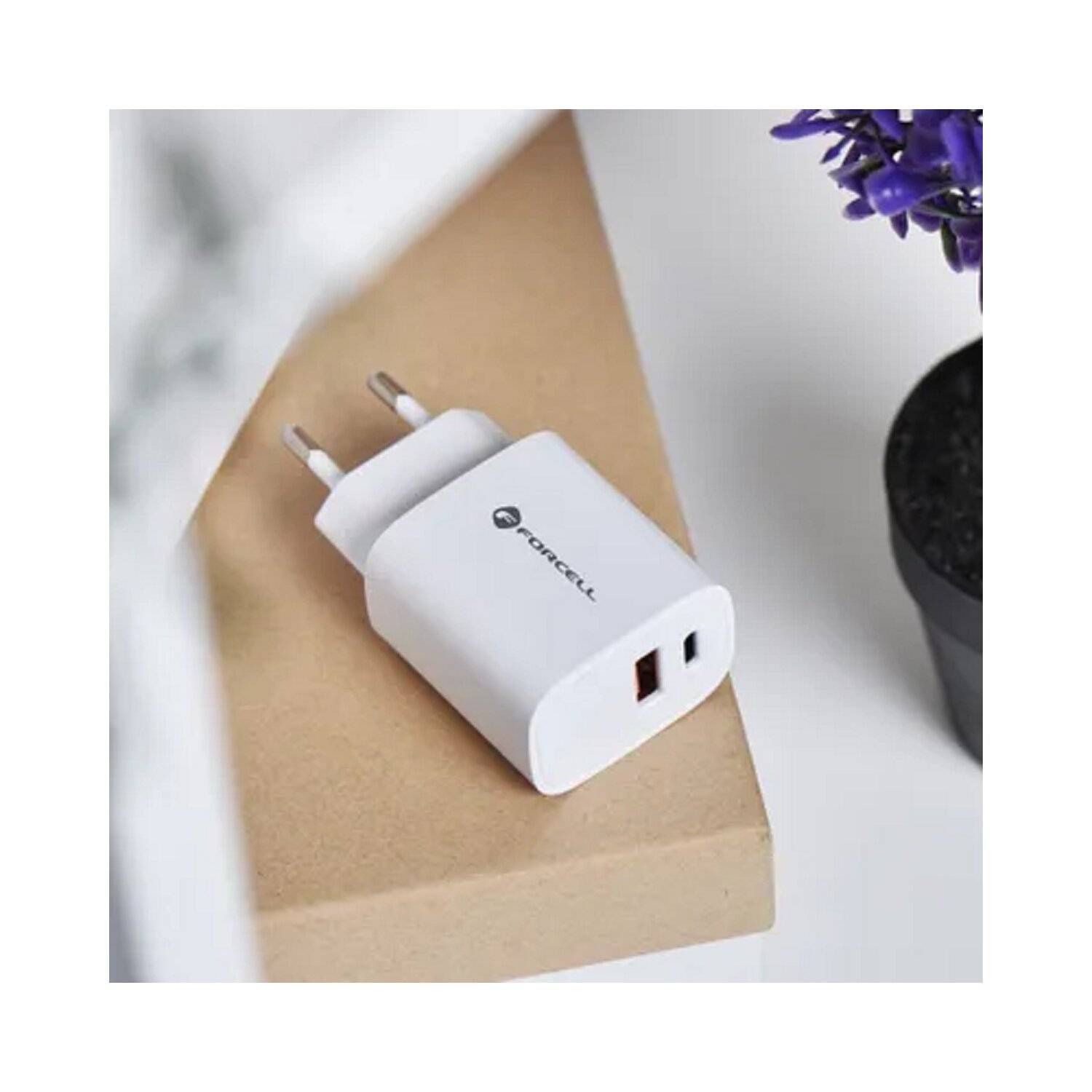 Forcell Wandladegerät mit USB-Typ-C-Anschluss – 3 A, 30 W mit zwei Anschlüssen: USB Typ C und USB A